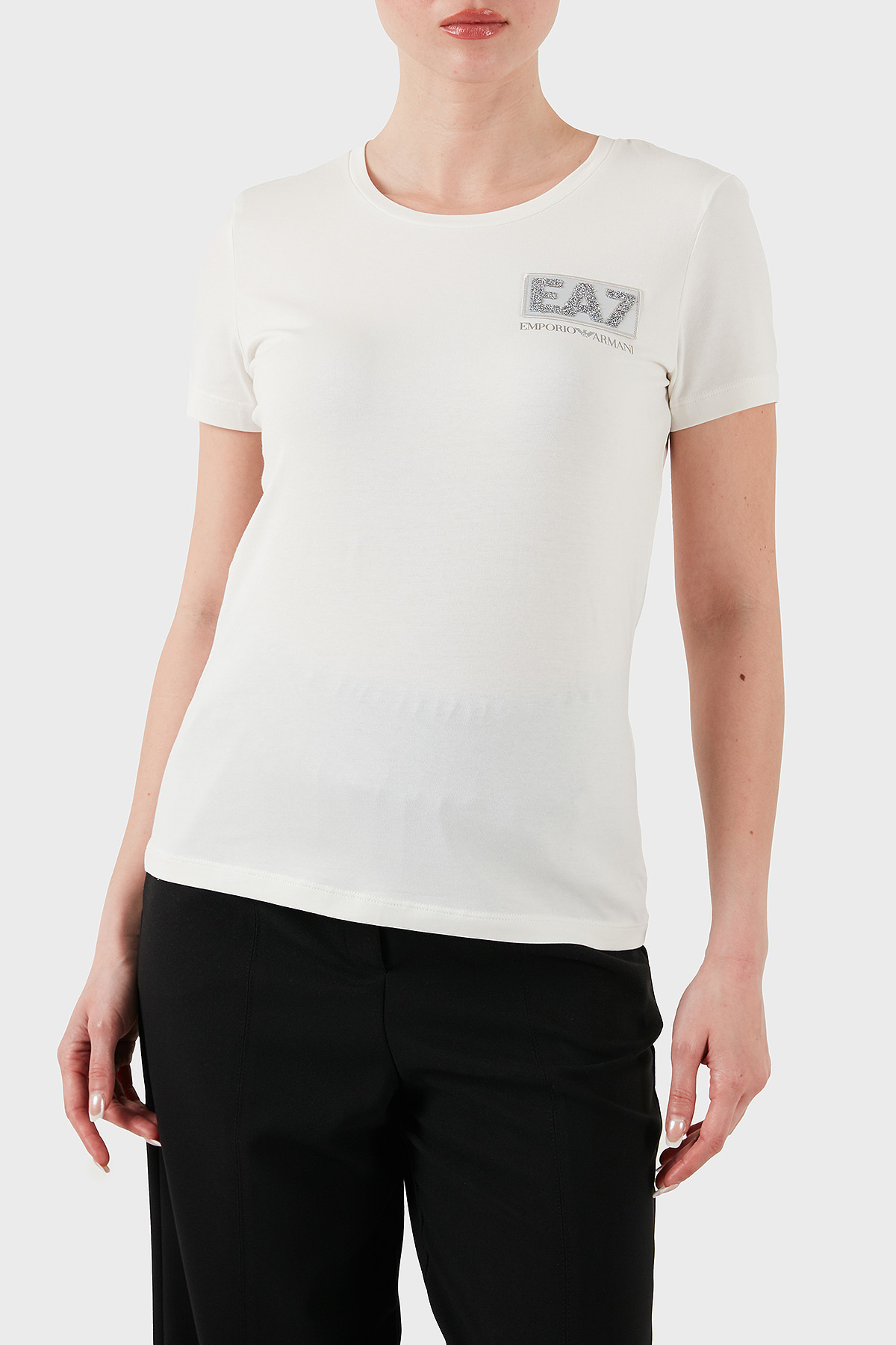 EA7 Taşlı Logolu Streç Pamuklu Regular Fit Yuvarlak Yaka Kadın T Shirt 7W000492 AF10373 U0005 EKRU