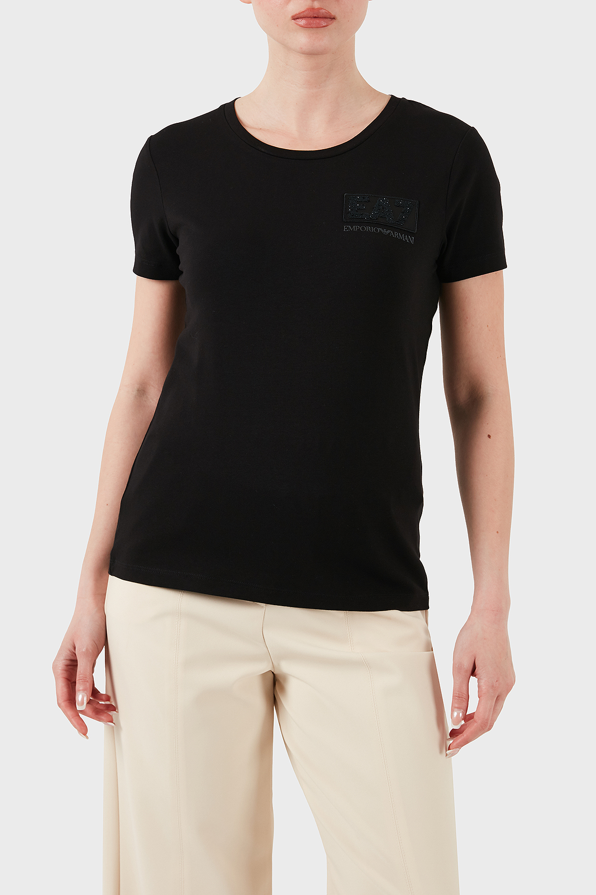 EA7 Taşlı Logolu Streç Pamuklu Regular Fit Yuvarlak Yaka Kadın T Shirt 7W000492 AF10373 UC001 SİYAH