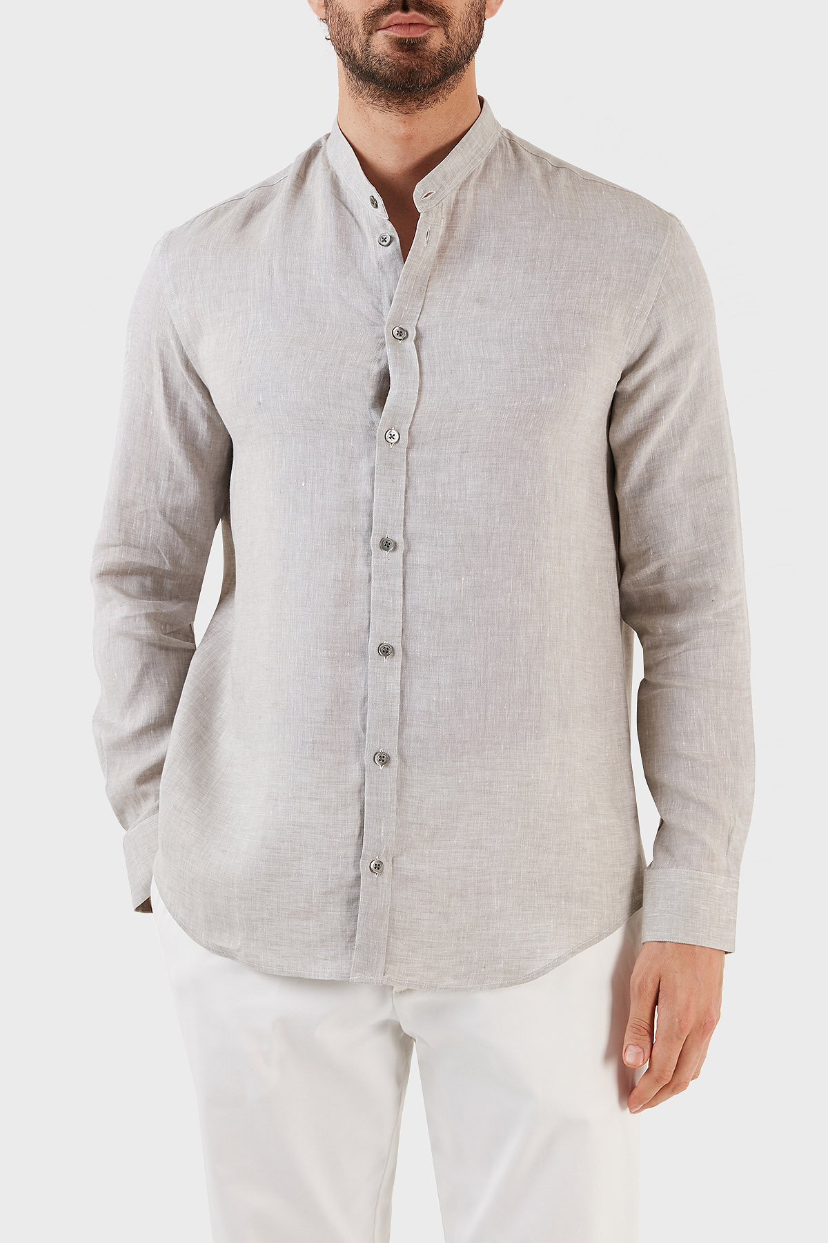 Emporio Armani % 100 Keten Regular Fit Bant Yaka Uzun Kollu Erkek Gömlek D41SMG D10F9 600 GRİ