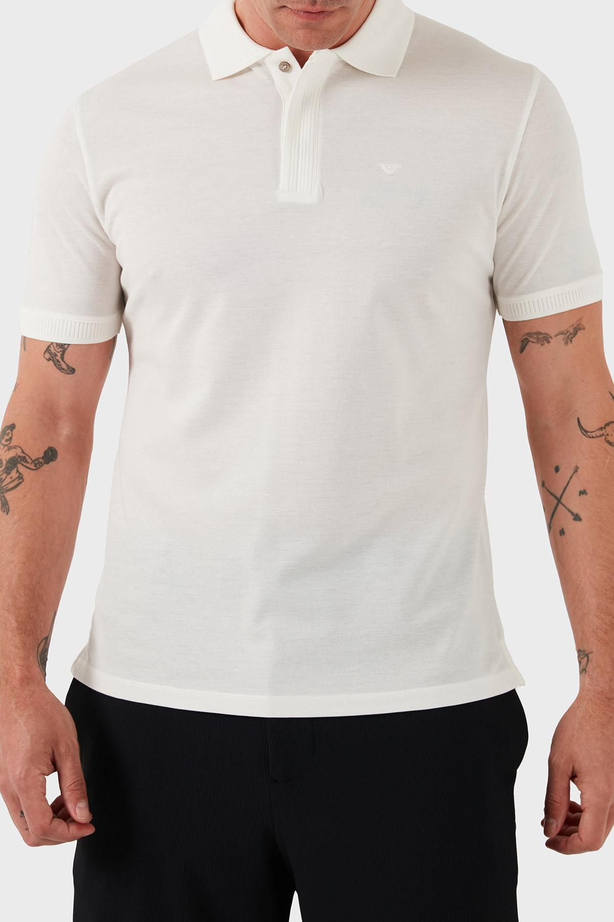 Emporio Armani % 100 Pamuk Gizli Düğmeli Erkek Polo Yaka T Shirt EM000850 AF12955 U0003 BEYAZ