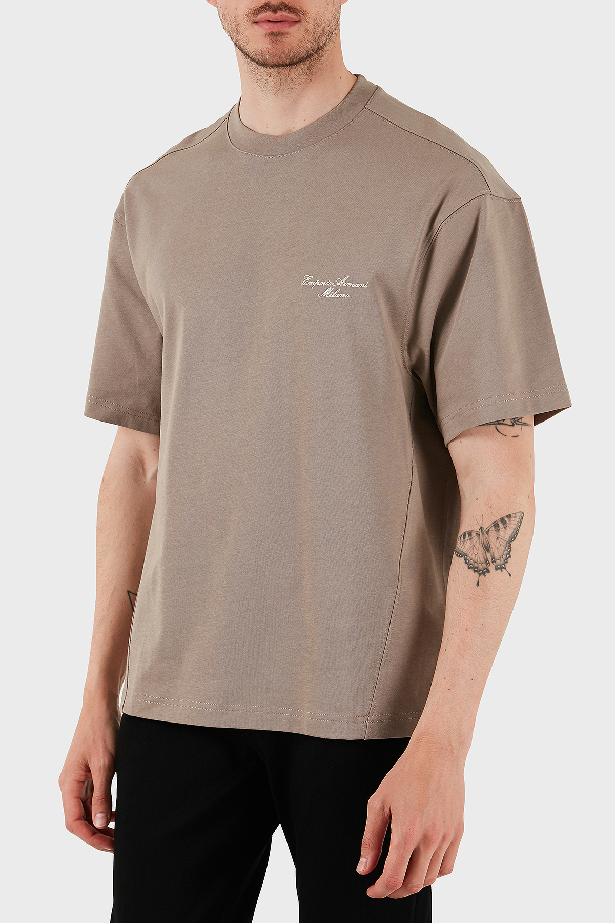 Emporio Armani % 100 Pamuk Oversize Bisiklet Yaka Logolu Erkek T Shirt EM001060 AF13715 U6107 VİZON