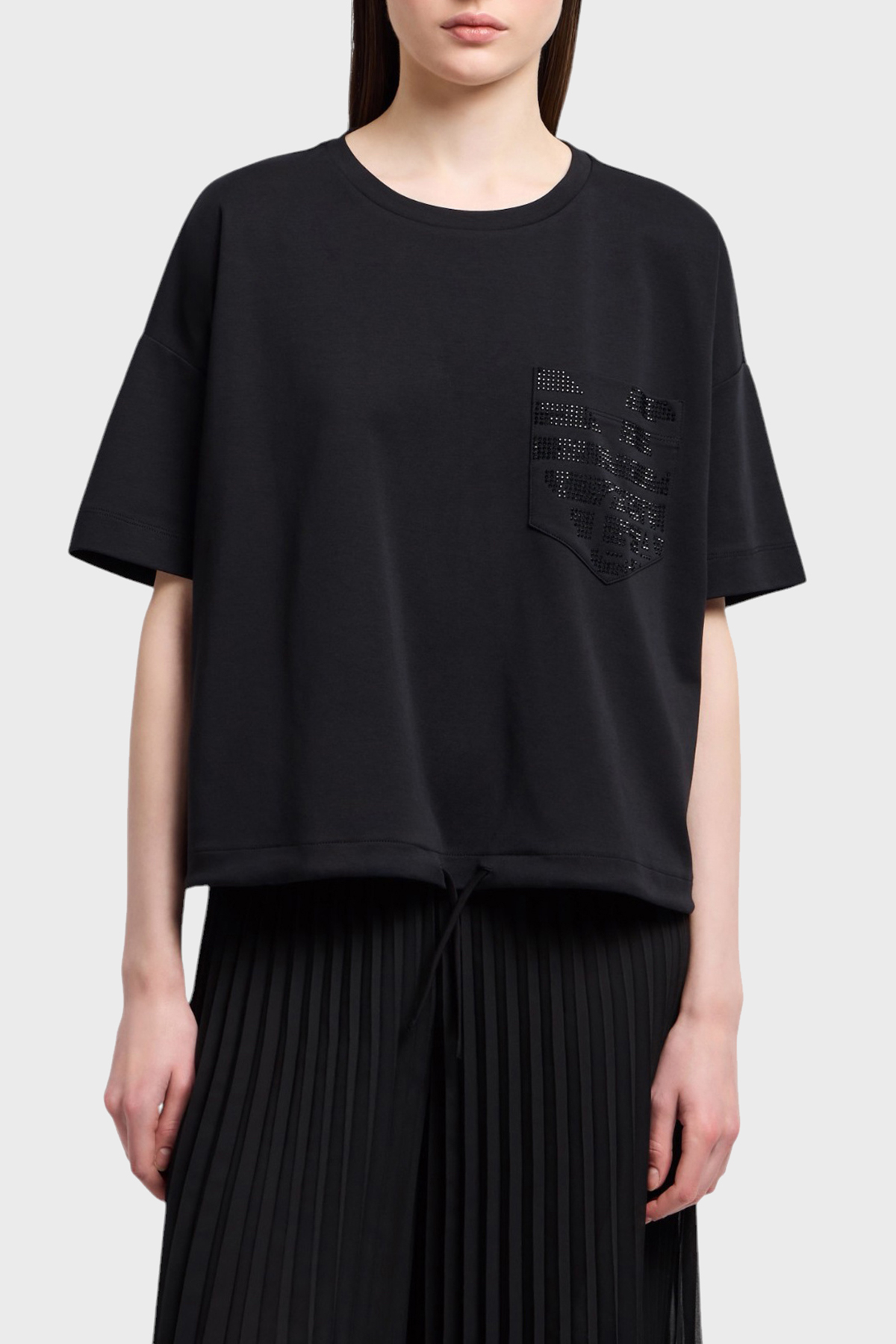 Emporio Armani % 100 Pamuk Oversize Fit Bisiklet Yaka Tek Cepli Kadın T Shirt EW000891 AF12545 UC001 SİYAH