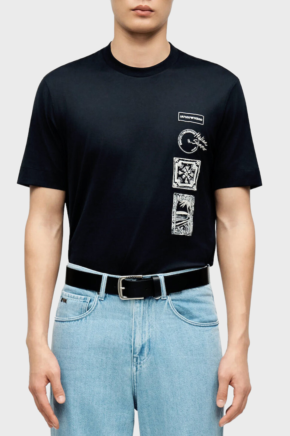Emporio Armani % 100 Pamuk Regular Fit Bisiklet Yaka Baskılı Erkek T Shirt EM004994 AF24470 UB118 LACİVERT