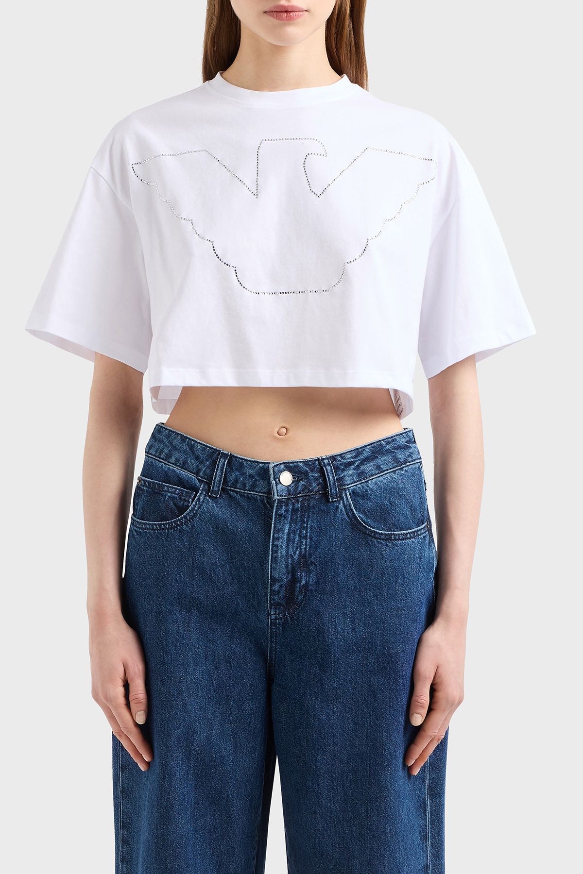 Emporio Armani % 100 Pamuk Regular Fit Bisiklet Yaka Crop Kadın T Shirt EW000897 AF12573 U0002 BEYAZ