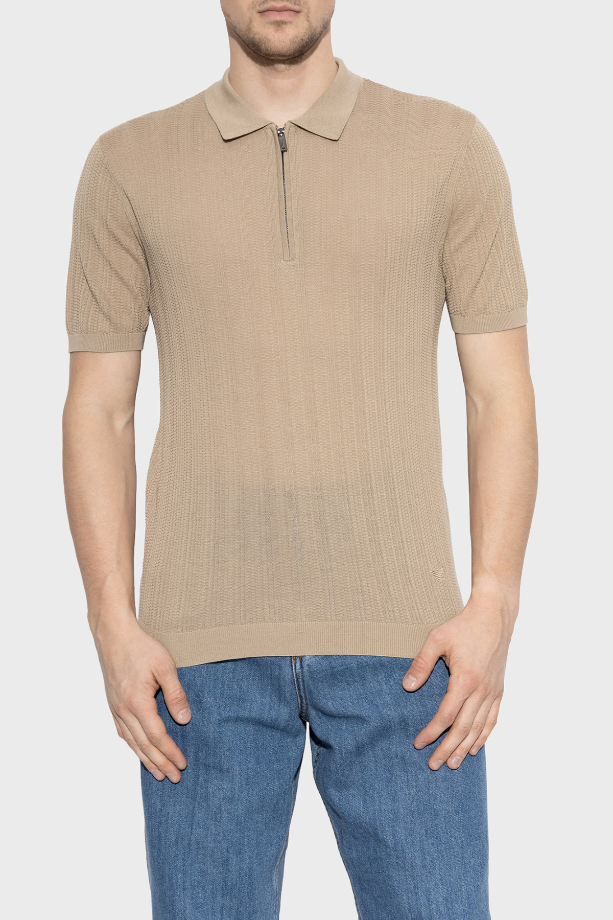 Emporio Armani % 100 Pamuk Relaxed Fit Fermuarlı Erkek Polo Yaka Kazak EM004305 AF23761 U1145 BEJ
