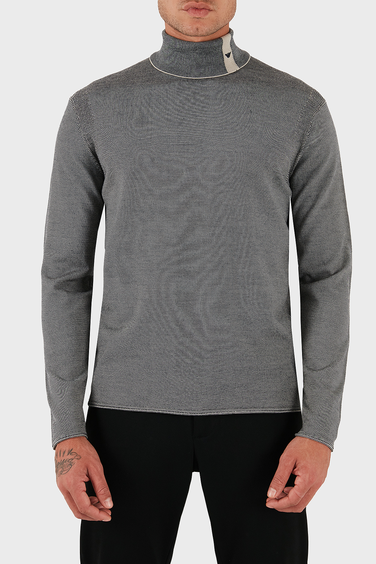 Emporio Armani % 100 Yün Regular Fit Balıkçı Yaka Çizgili Erkek Kazak EM002025 AF14195 FB067 LACİVERT-BEYAZ