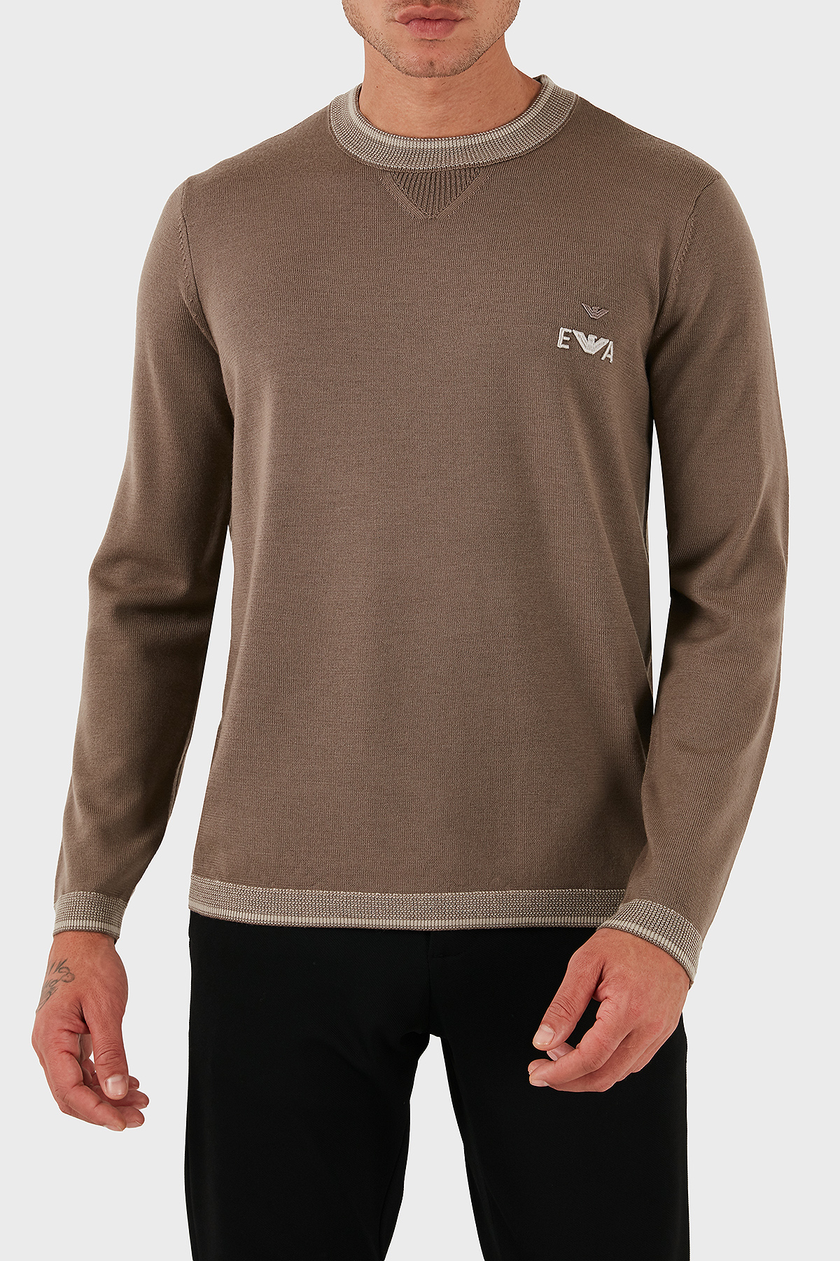 Emporio Armani % 100 Yün Regular Fit Bisiklet Yaka Logolu Erkek Kazak EM003387 AF14697 U6189 BEJ