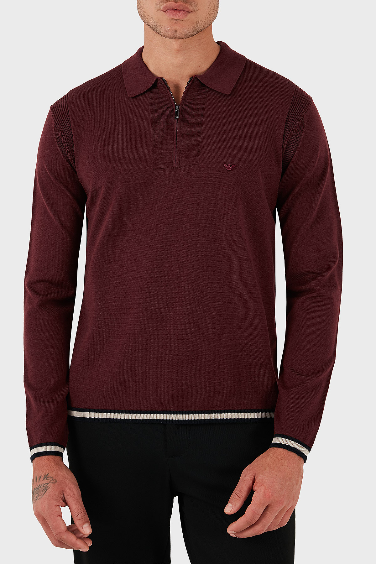 Emporio Armani % 100 Yün Regular Fit Yarım Fermuarlı Polo Yaka Erkek Kazak EM001512 AF14158 U5086 BORDO
