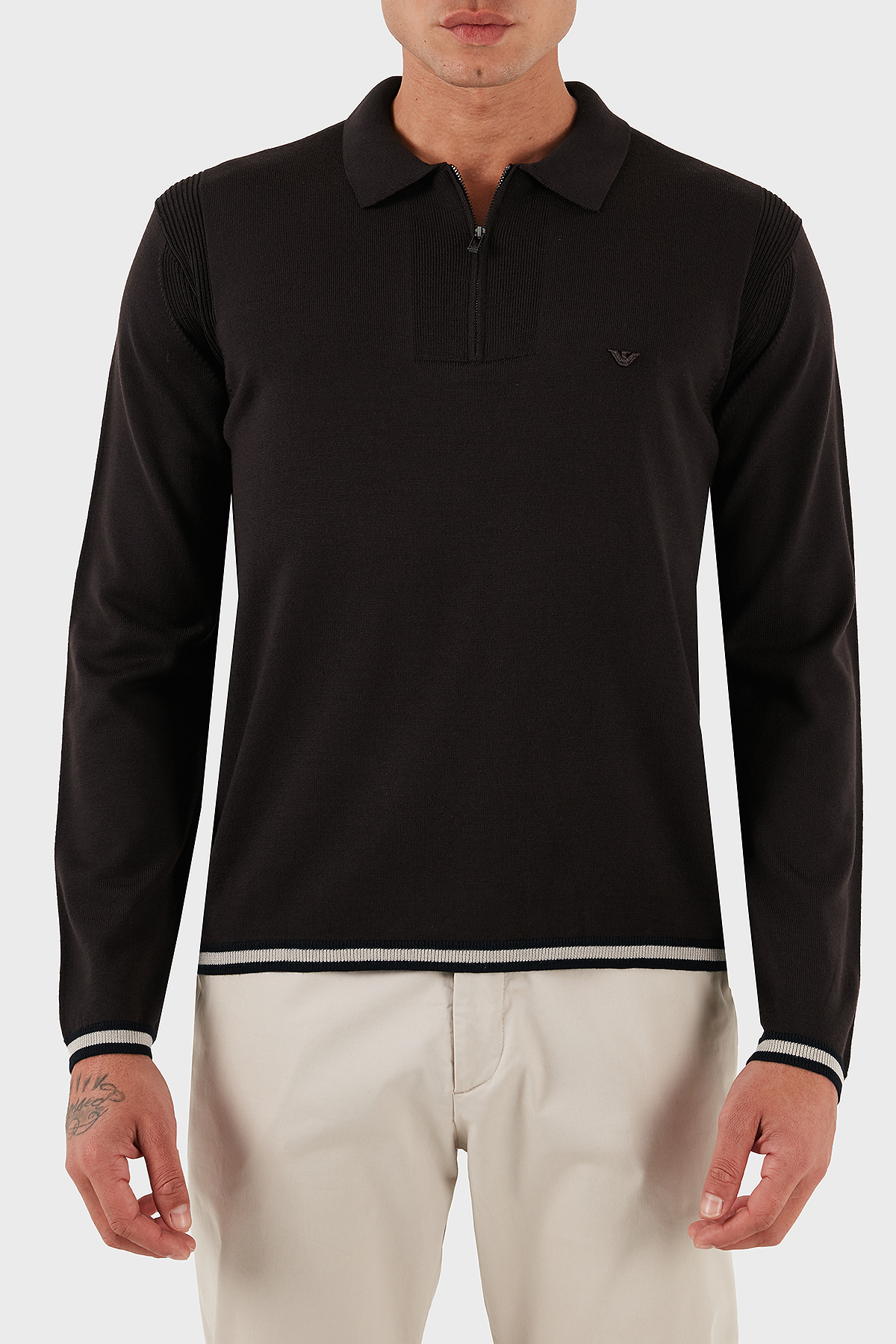 Emporio Armani % 100 Yün Regular Fit Yarım Fermuarlı Polo Yaka Erkek Kazak EM001512 AF14158 U6280 KOYU KAHVE