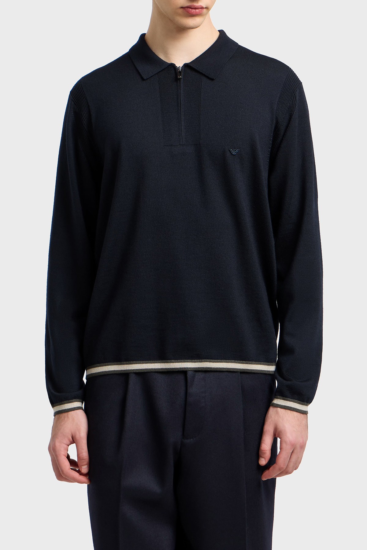 Emporio Armani % 100 Yün Regular Fit Yarım Fermuarlı Polo Yaka Erkek Kazak EM001512 AF14158 UB118 LACİVERT