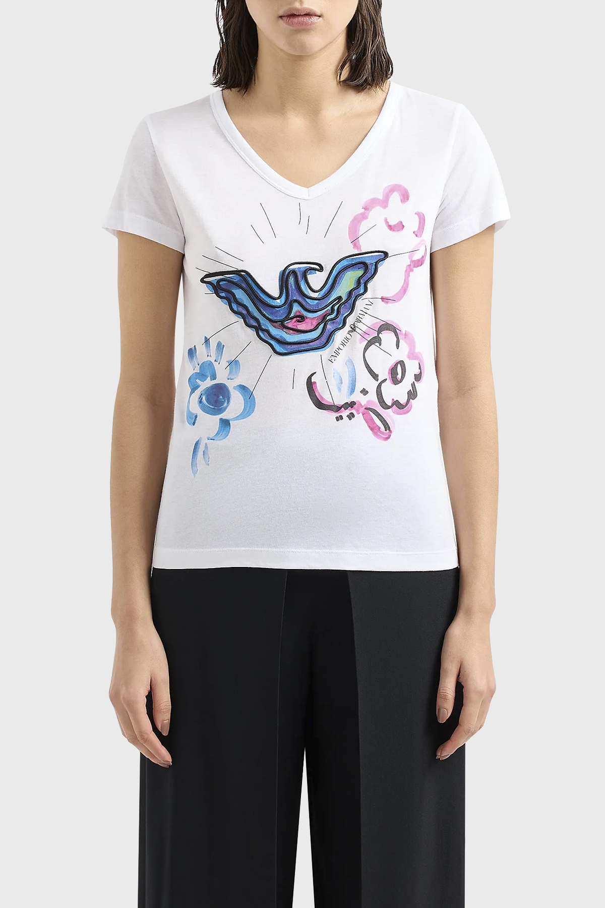 Emporio Armani Baskılı Pamuklu Regular Fit V Yaka Kadın T Shirt 3D2T8F 2JTAZ 0100 BEYAZ
