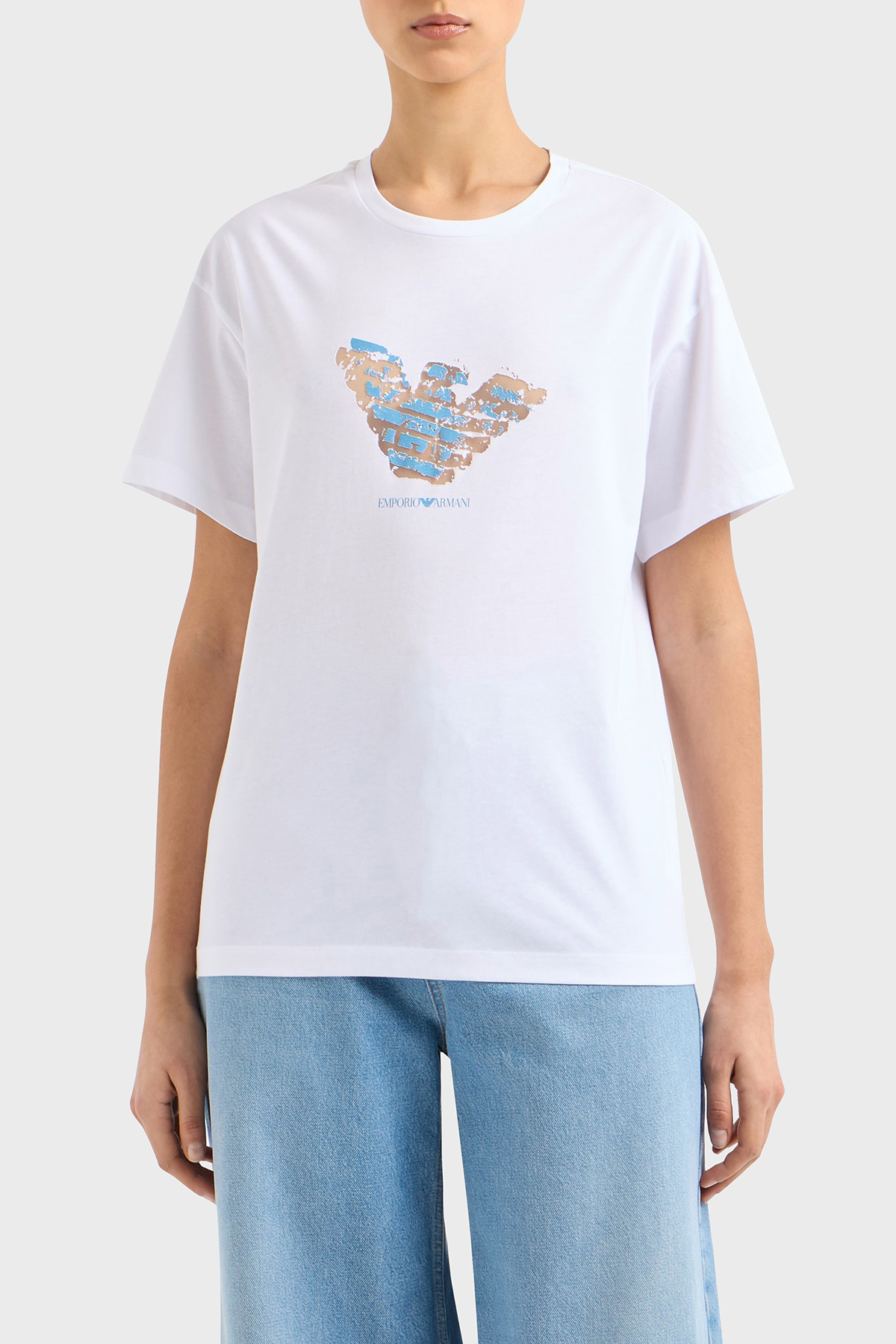 Emporio Armani Baskılı Regular Fit Pamuklu Bisiklet Yaka Kadın T Shirt EW000904 AF12601 F0024 BEYAZ