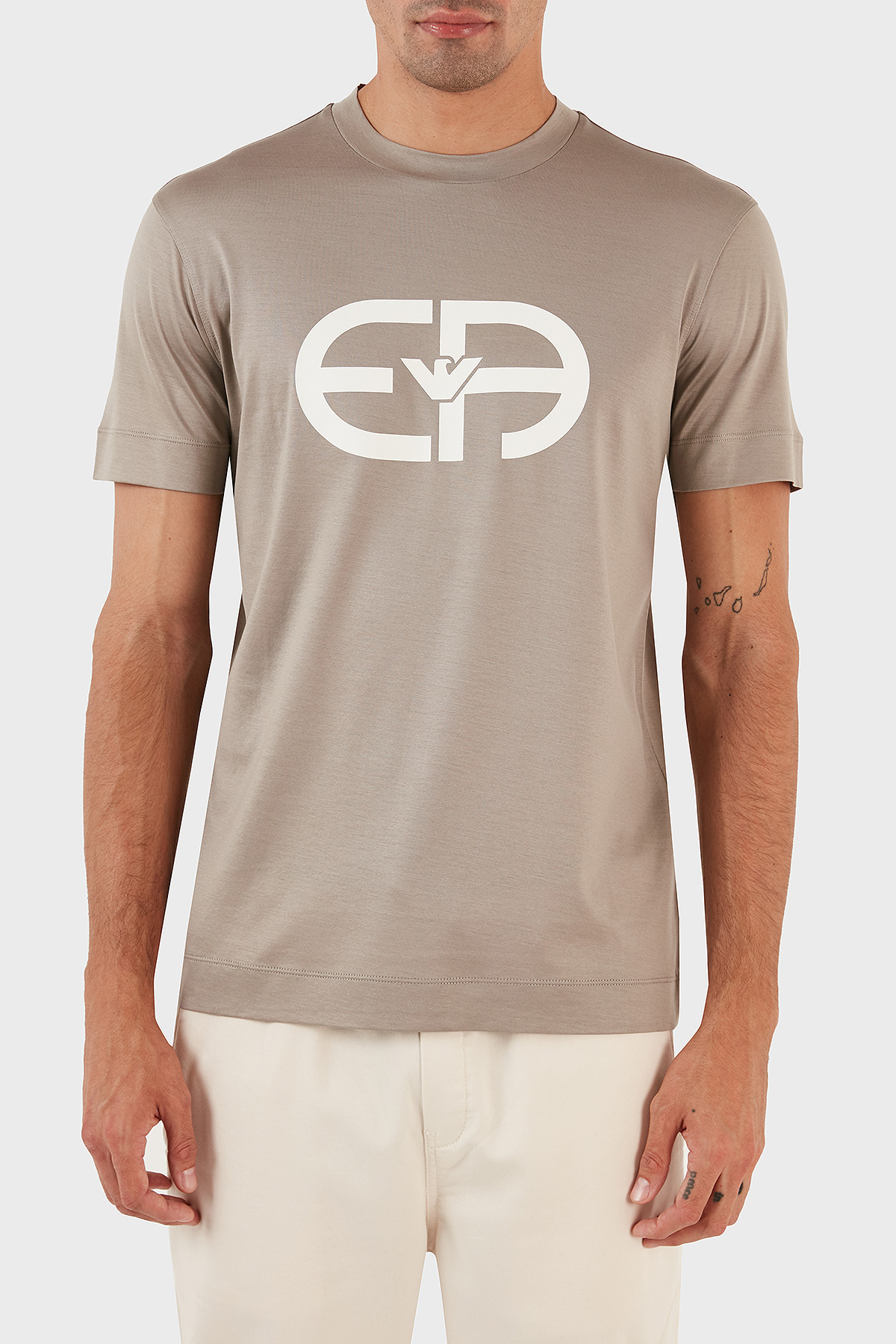 Emporio Armani Baskılı Slim Fit Bisiklet Yaka Erkek T Shirt 8N1TF6 1JUVZ 0643 BEJ