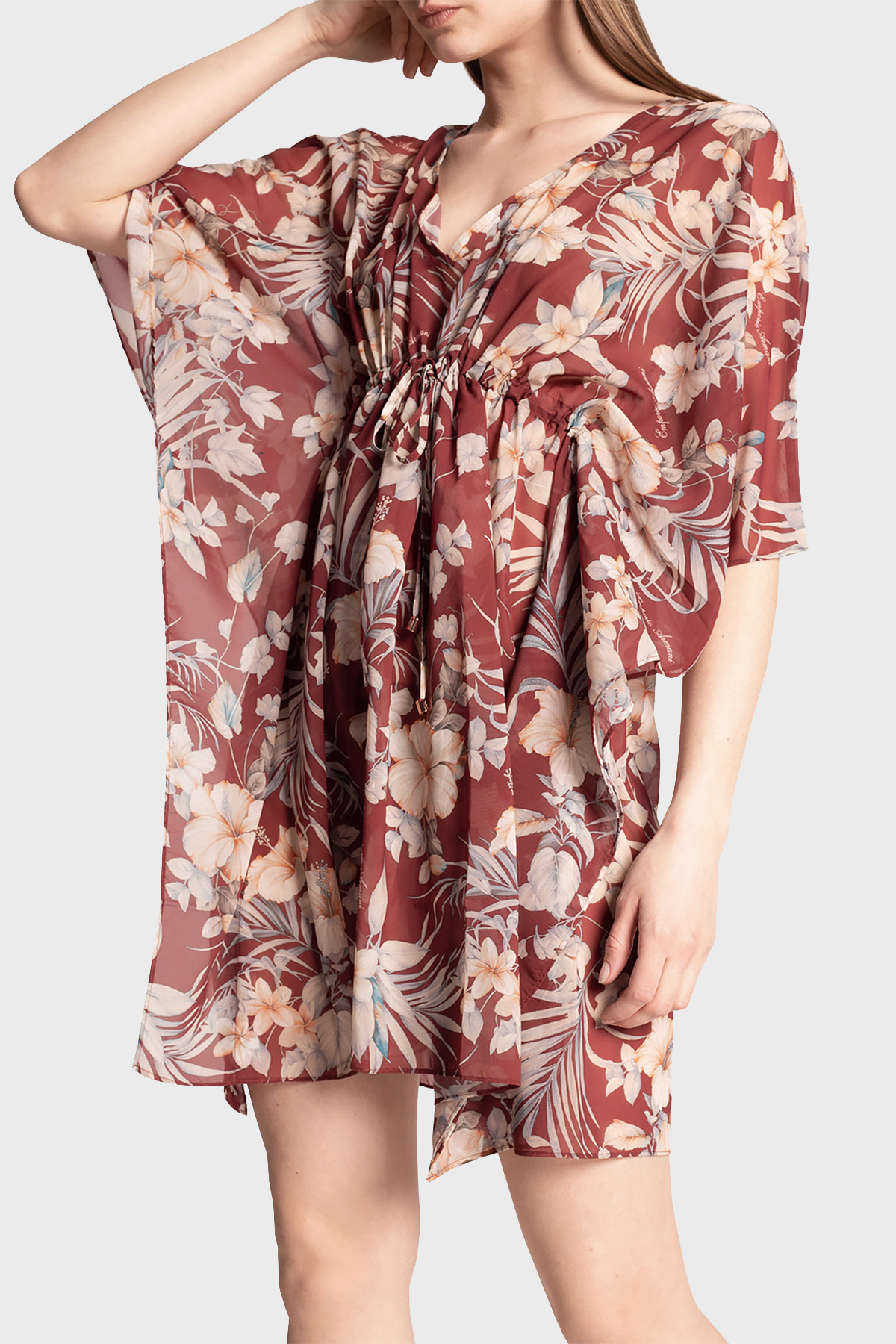 Emporio Armani Çiçek Desenli V Yaka Mini Kadın Elbise S 262663 1P316 03956 BORDO