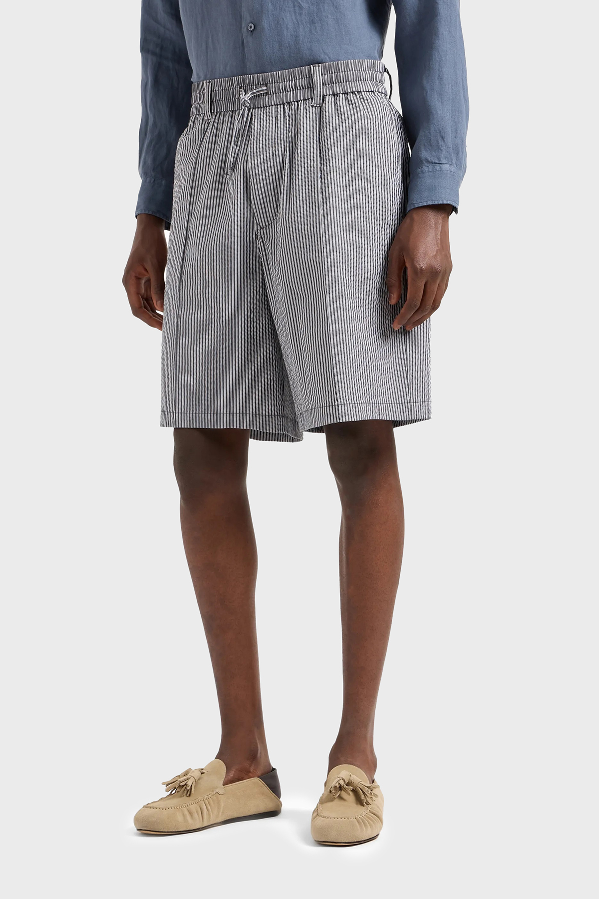 Emporio Armani Çizgili Gofre Relaxed Fit Erkek Short 3D1PE2 1NPIZ 06F8 GRİ-BEYAZ