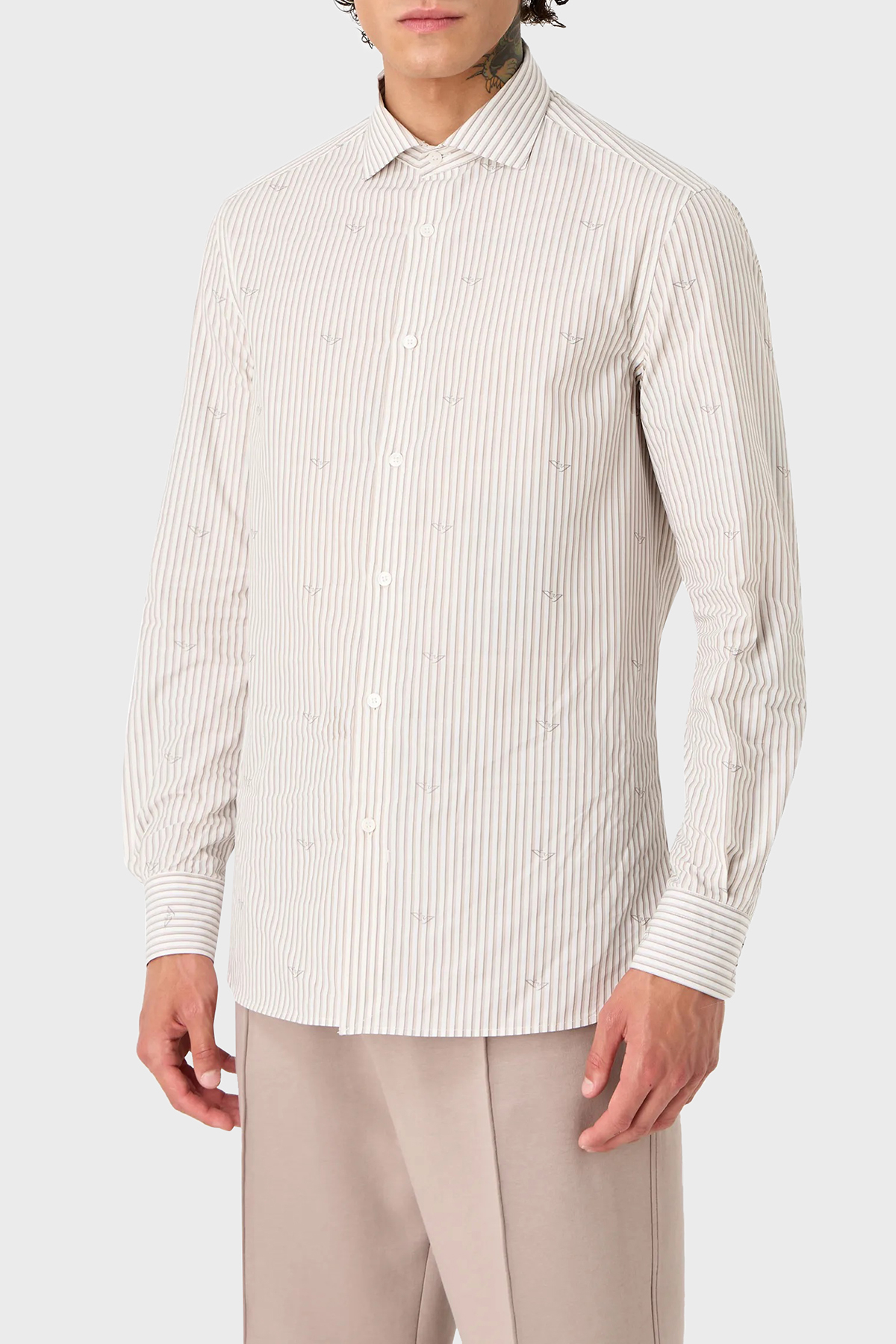 Emporio Armani Çizgili Pamuklu Regular Fit Erkek Gömlek 3D1C86 1K3LZ F1H1 BEJ