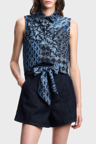 Emporio Armani Desenli % 100 Pamuk Regular Fit Kot Kadın Gömlek EW000755 AF12438 FB057 LACİVERT - Emporio Armani