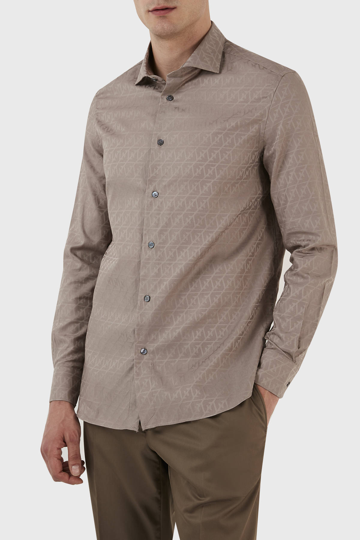 Emporio Armani Desenli % 100 Pamuk Regular Fit Uzun Kol Erkek Gömlek 3R1C86 1K0DZ F1C3 VİZON