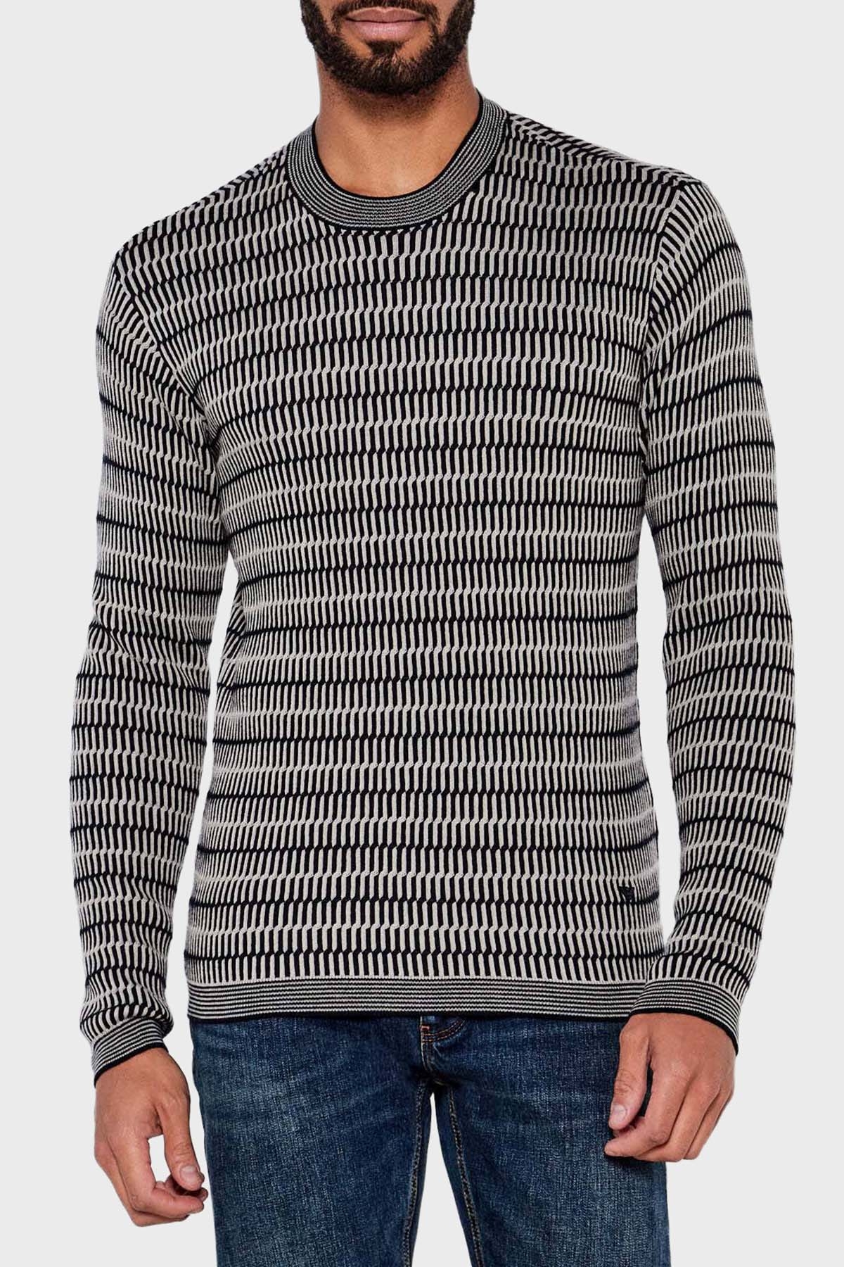 Emporio Armani Desenli % 100 Yün Regular Fit Bisiklet Yaka Erkek Kazak EM002194 AF14195 FC101 SİYAH
