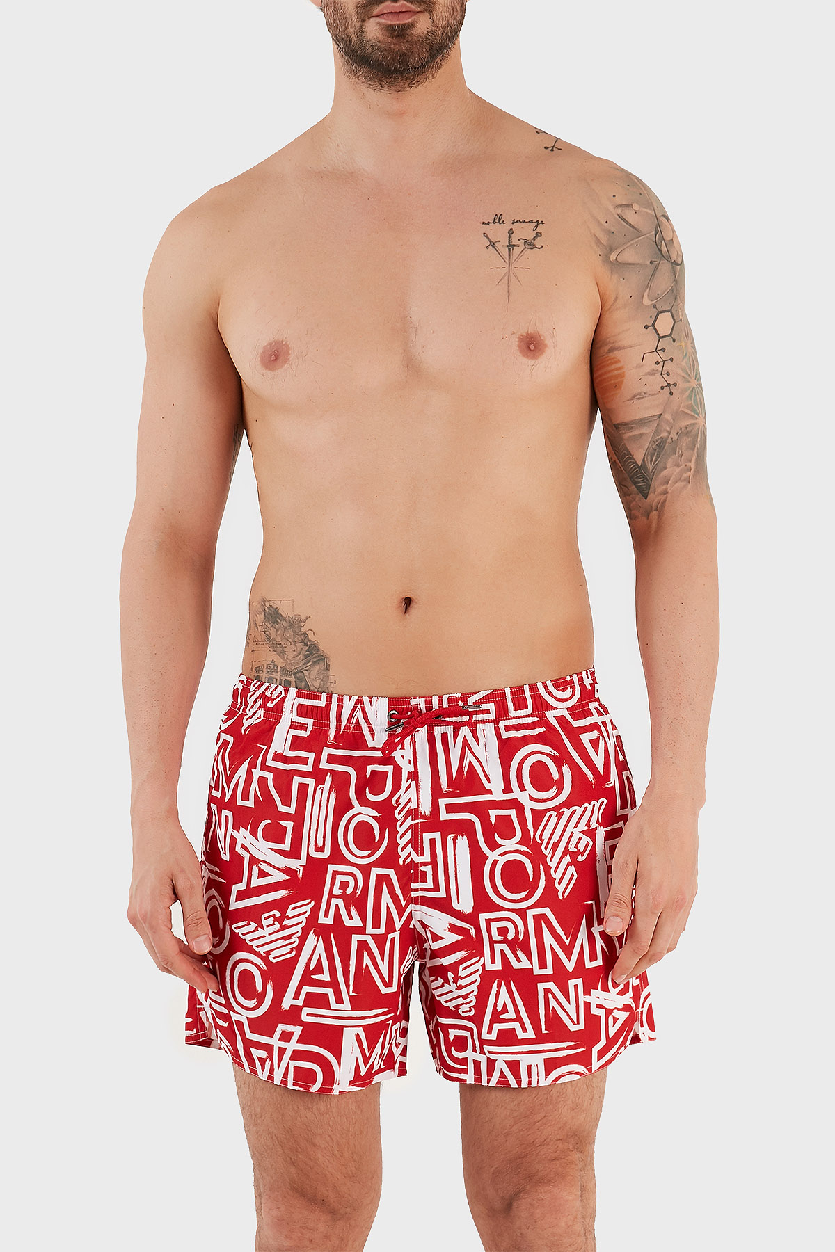 Emporio Armani Desenli Deniz Şortu Cepli Erkek Mayo Short 211740 3R435 24073 KIRMIZI