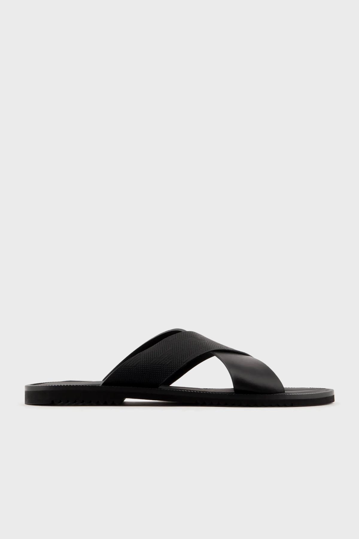 Emporio Armani Hakiki Deri Düz Erkek Terlik X4P125 XN789 K001 SİYAH