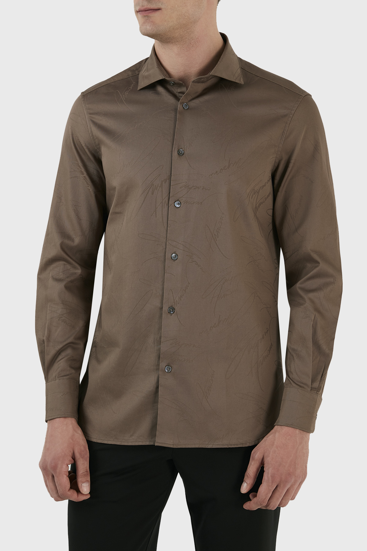 Emporio Armani İmza Logolu % 100 Pamuk Jakarlı Slim Fit Erkek Gömlek 3R1C86 1NVYZ 0440 TOPRAK