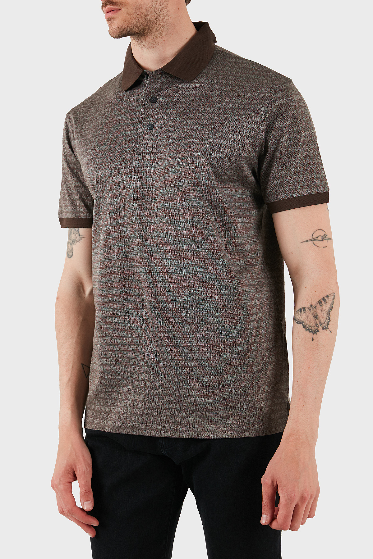 Emporio Armani Jakarlı % 100 Pamuk Düğmeli Erkek Polo Yaka T Shirt EM000788 AF12916 F6052 KAHVE