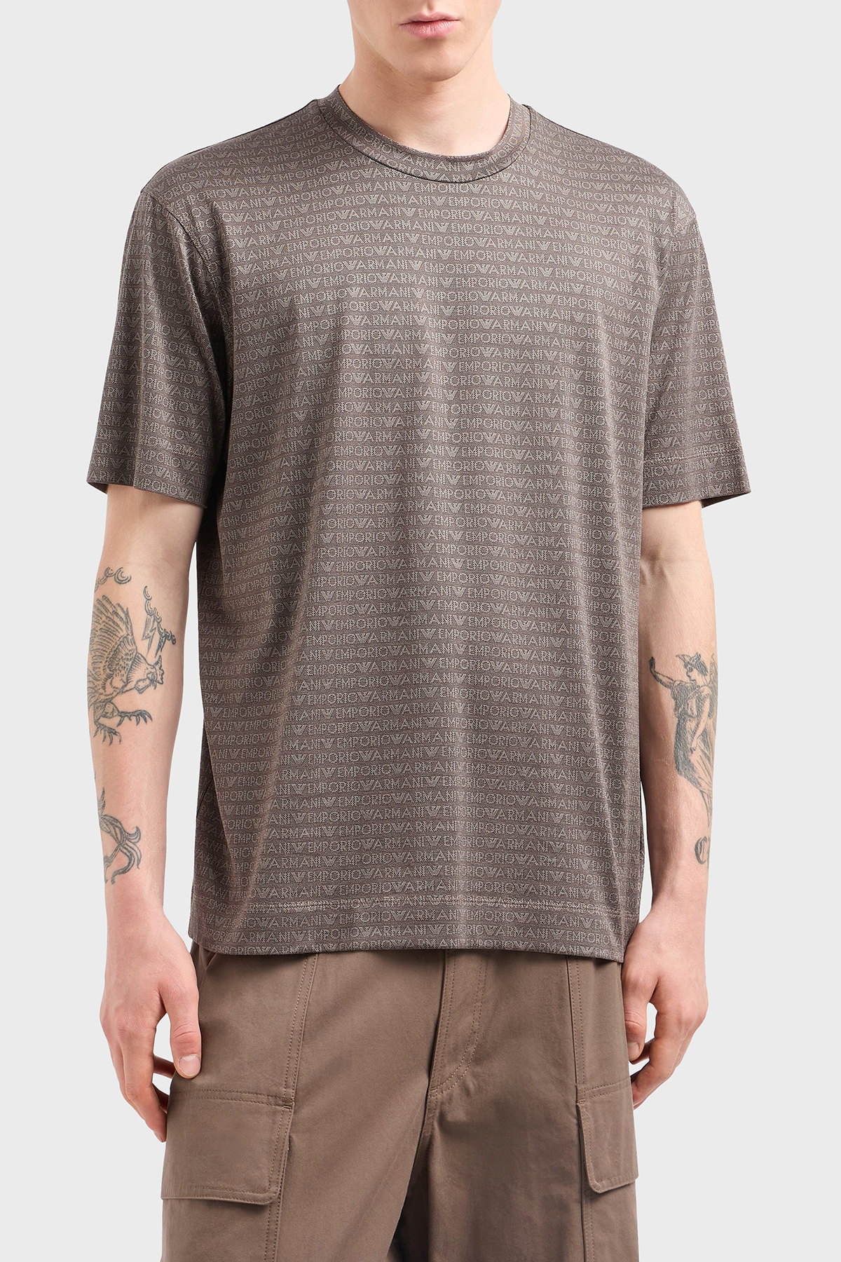 Emporio Armani Jakarlı Logo Baskılı Regular Fit Bisiklet Yaka Erkek T Shirt EM000787 AF12916 F6052 KAHVE