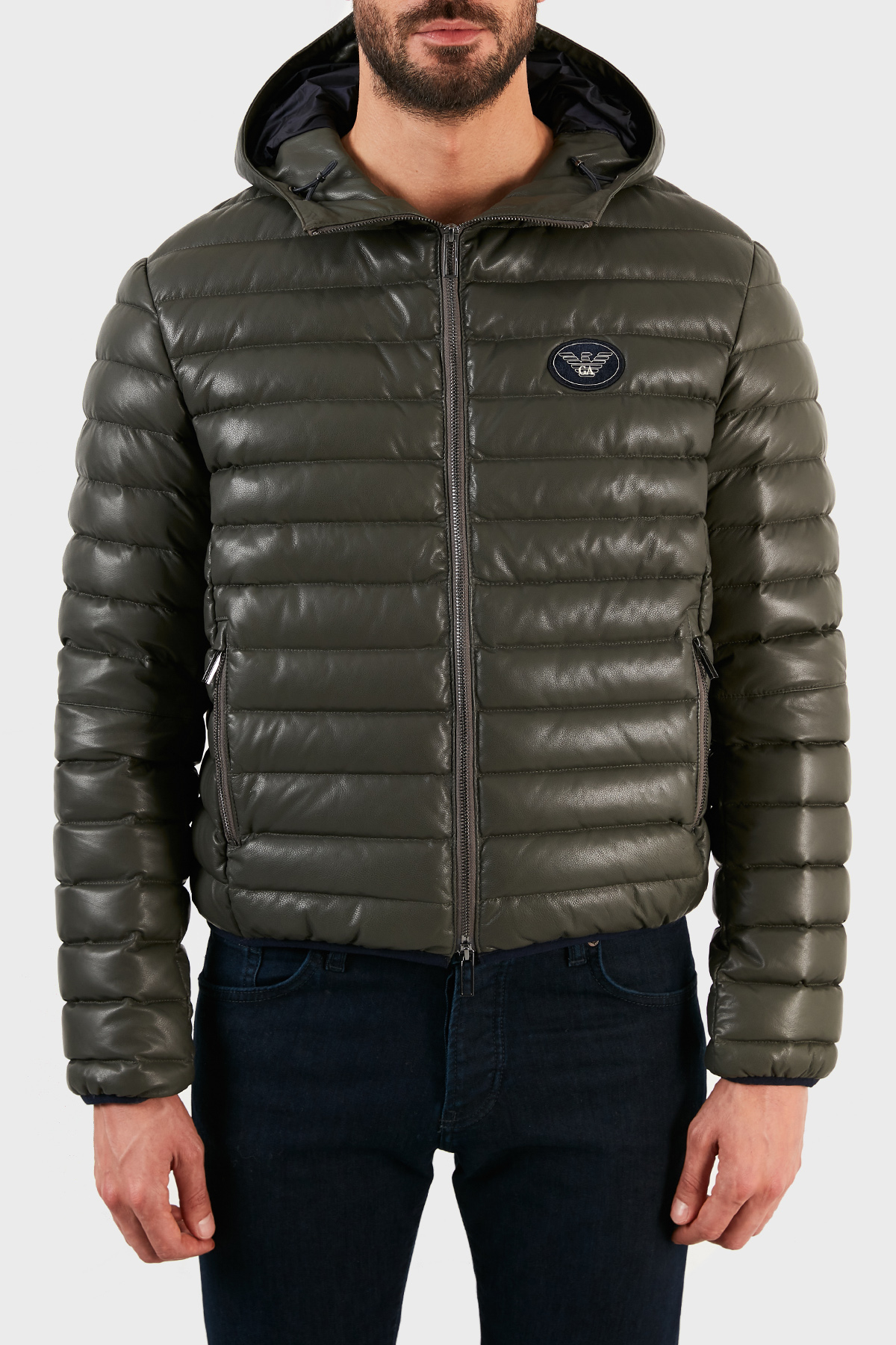 Emporio Armani Ördek Tüyü Dolgulu Kapüşonlu % 100 Kuzu Derisi Erkek Mont B1R03P B1P03 558 HAKİ