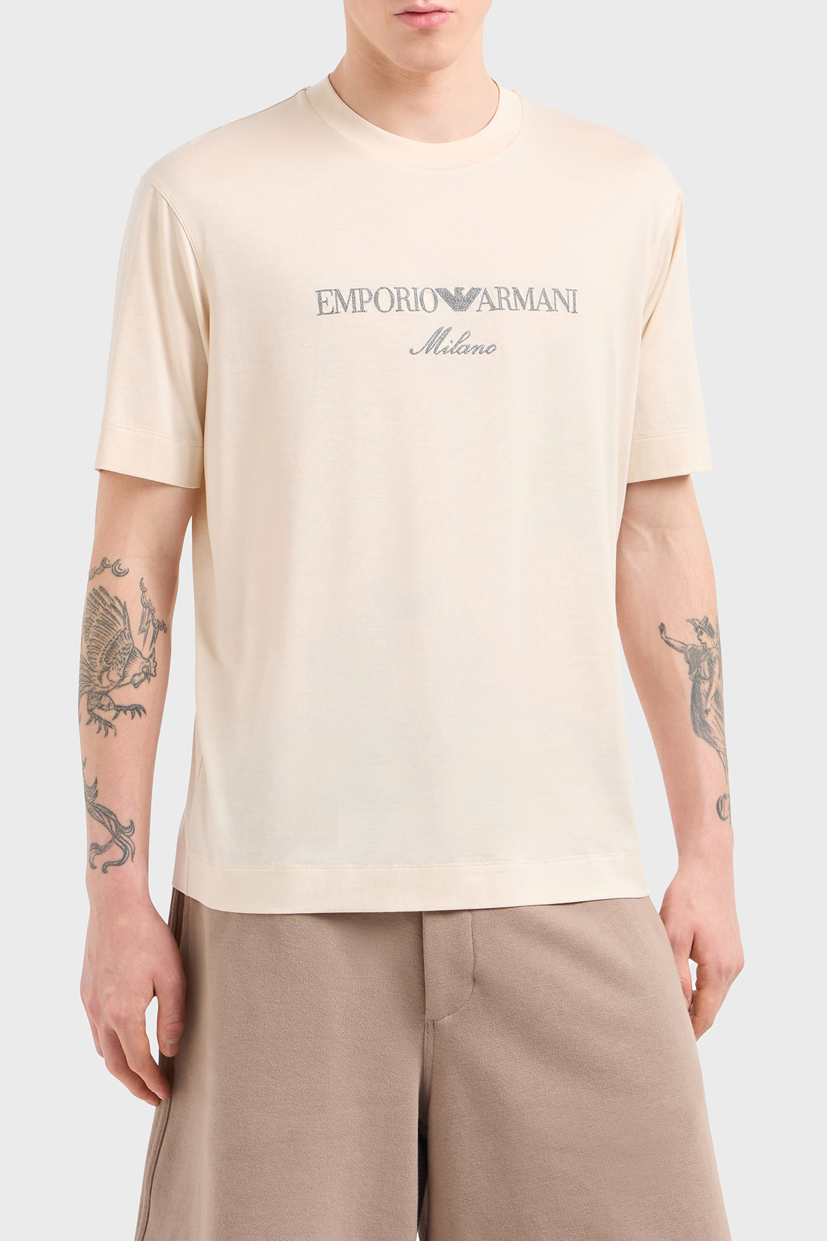 Emporio Armani Logo İşlemeli Regular Fit Pamuklu Bisiklet Yaka Erkek T Shirt EM001033 AF10017 M1052 EKRU