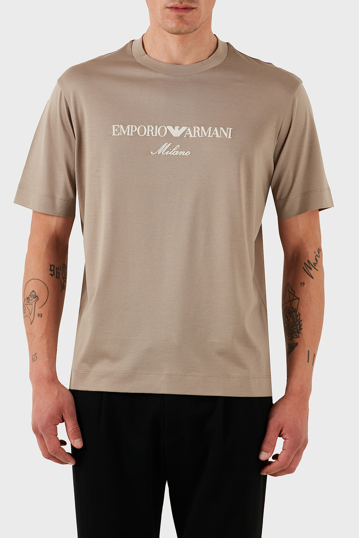 Emporio Armani Logo İşlemeli Regular Fit Pamuklu Bisiklet Yaka Erkek T Shirt EM001033 AF10017 M6085 BEJ