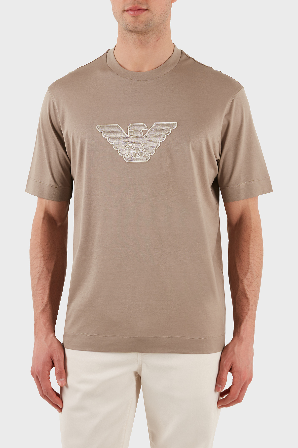 Emporio Armani Logo İşlemeli Regular Fit Pamuklu Bisiklet Yaka Erkek T Shirt EM001033 AF10017 M6116 BEJ