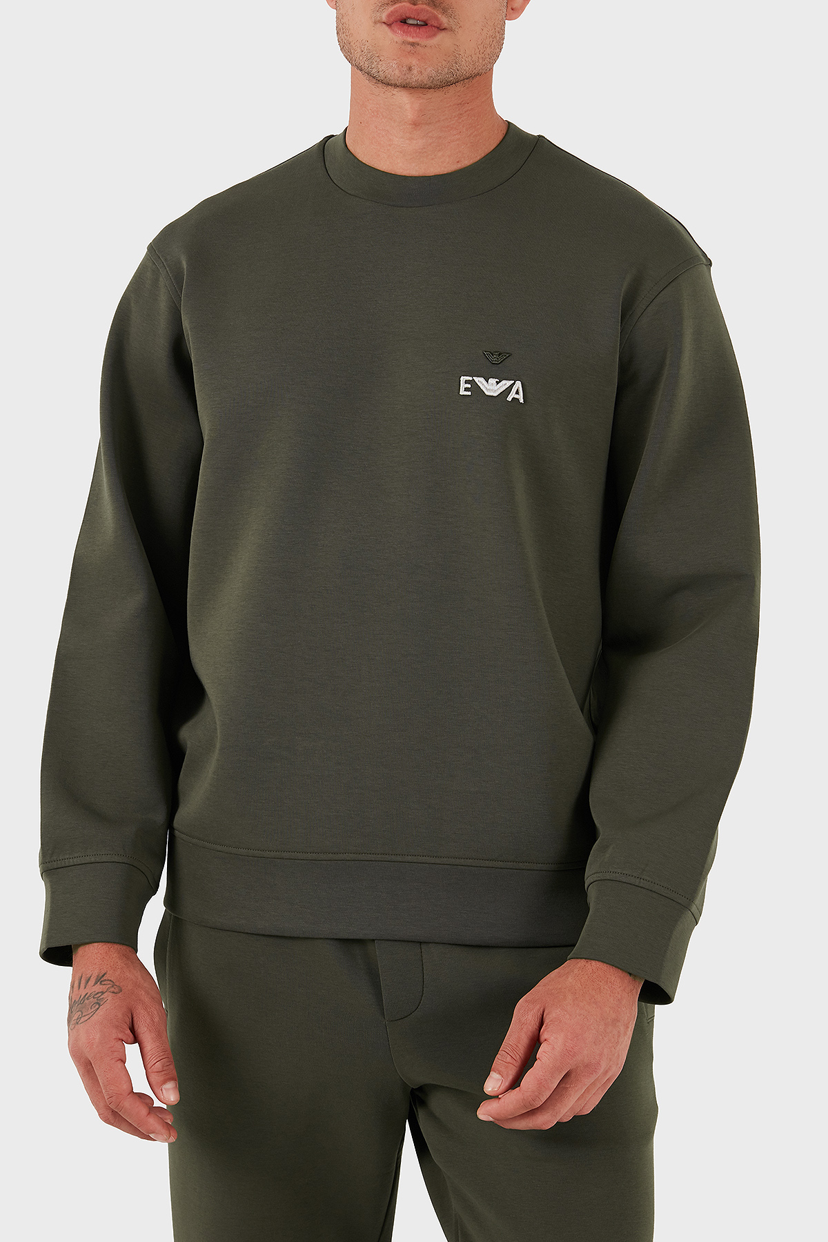 Emporio Armani Logo İşlemeli Streç Pamuklu Regular Fit Bisiklet Yaka Erkek Sweat EM002919 AF10013 U8120 HAKİ