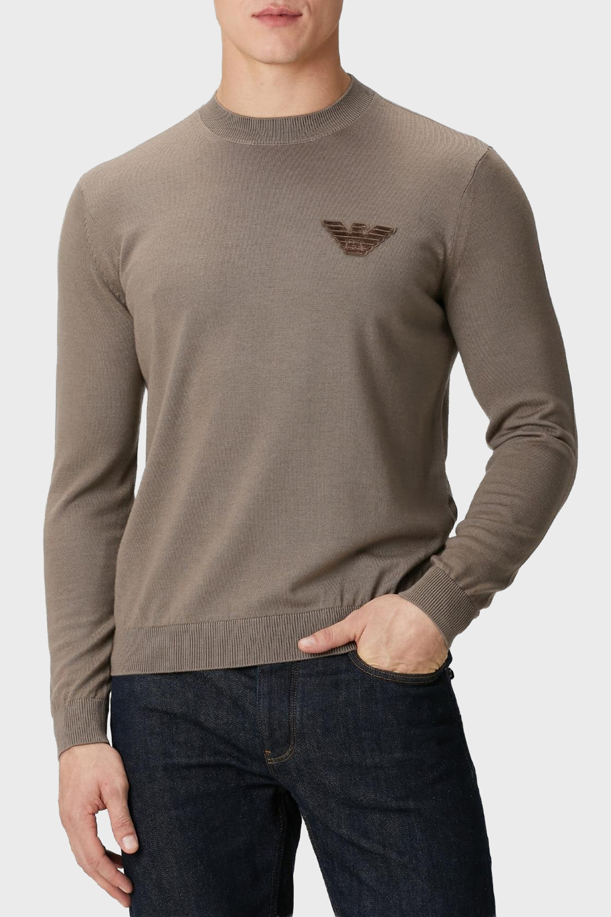 Emporio Armani Logolu % 100 Yün Regular Fit Bisiklet Yaka Erkek Kazak EM002419 AF14158 U6189 KAHVE