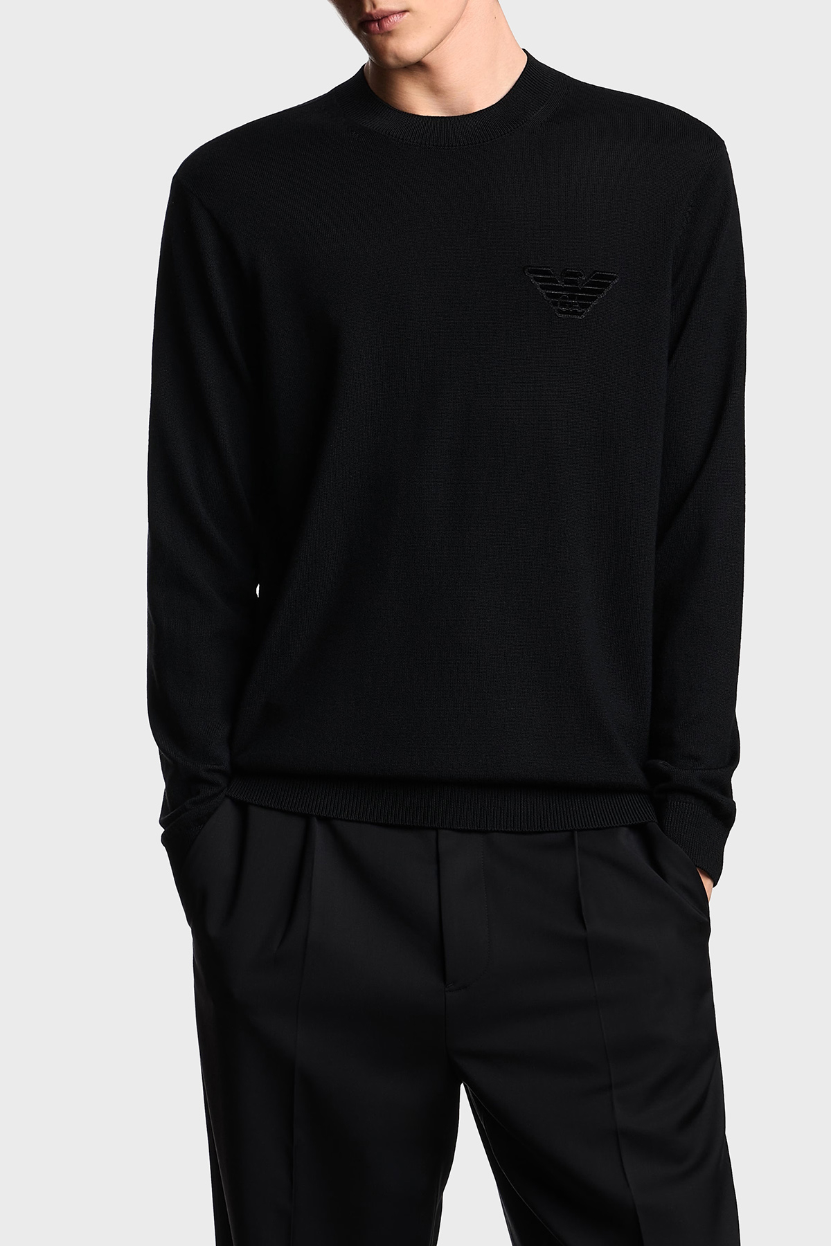 Emporio Armani Logolu % 100 Yün Regular Fit Bisiklet Yaka Erkek Kazak EM002419 AF14158 UC001 SİYAH