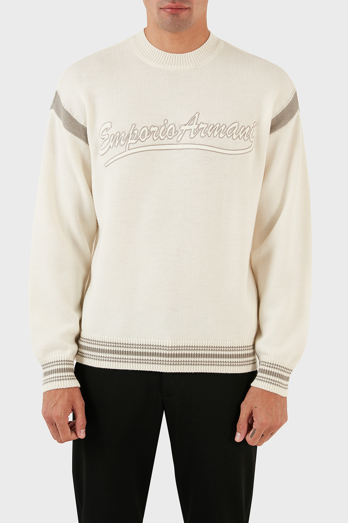 Emporio Armani Logolu Bisiklet Yaka Regular Fit Yünlü Triko Erkek Kazak 6R1MXA 1MFUZ 0128 EKRU