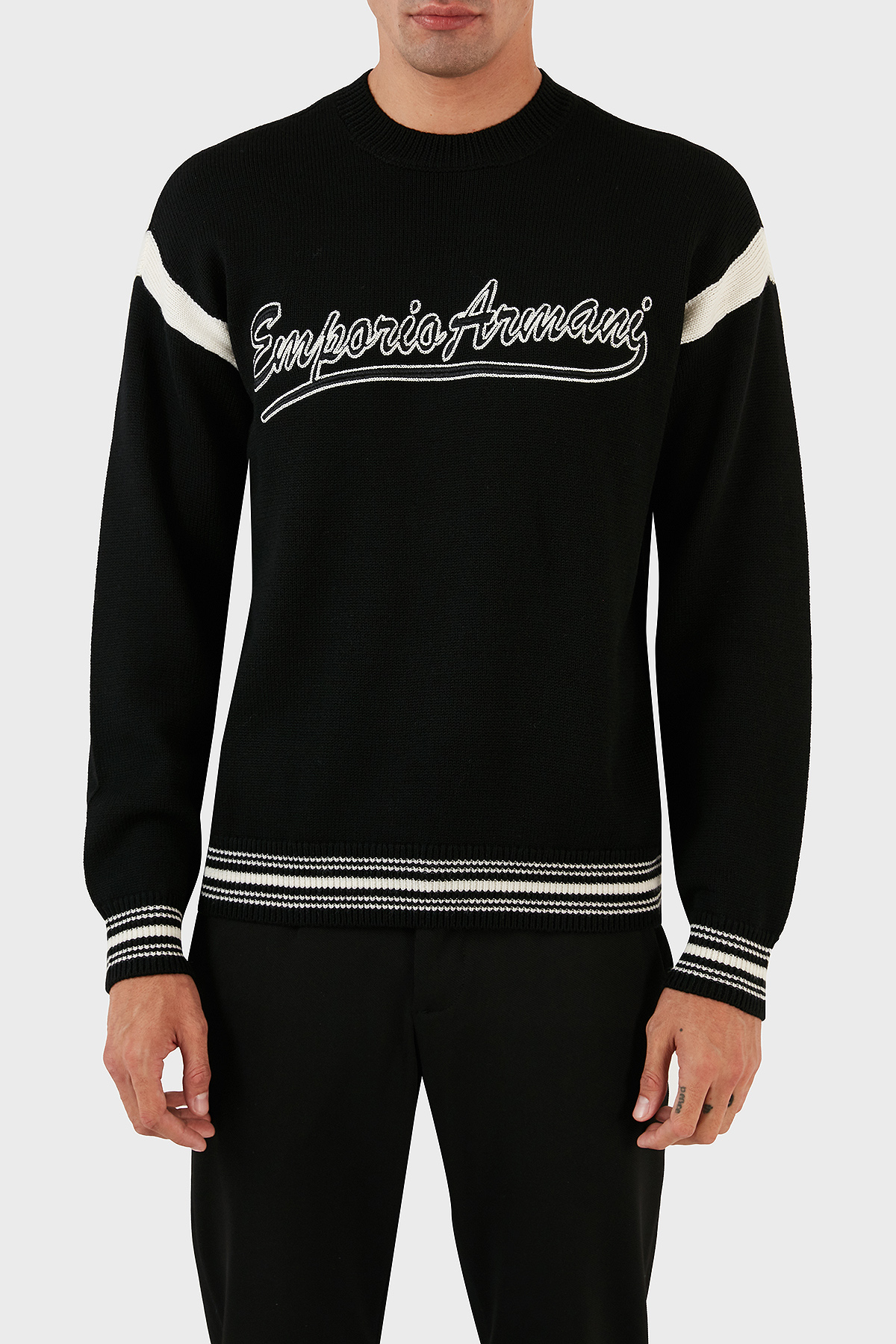 Emporio Armani Logolu Bisiklet Yaka Regular Fit Yünlü Triko Erkek Kazak 6R1MXA 1MFUZ 0999 SİYAH