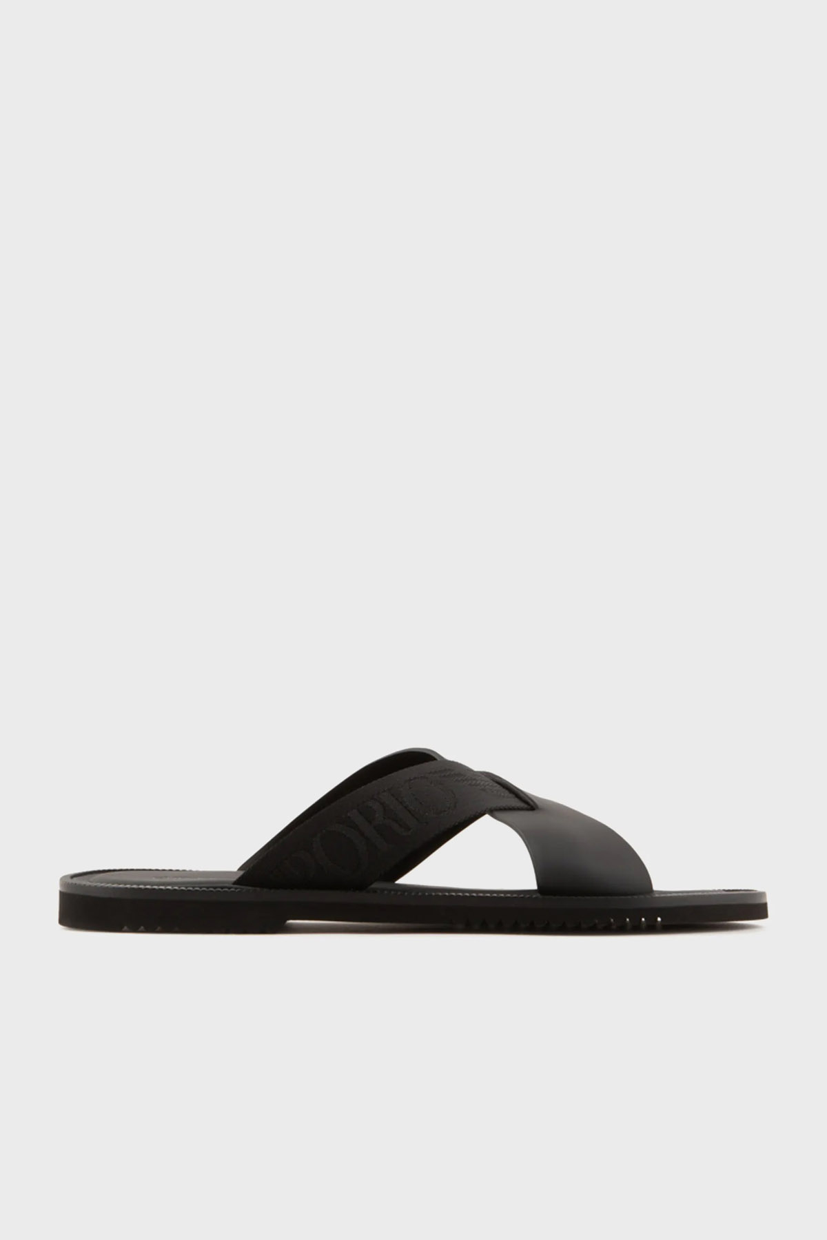 Emporio Armani Logolu Çapraz Bantlı Deri Erkek Terlik X4P124 XN787 K001 SİYAH