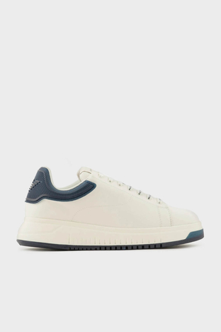 Emporio Armani Logolu Deri Sneaker Erkek Ayakkabı X4X264 XR128 T864 BEYAZ-LACİVERT - Emporio Armani