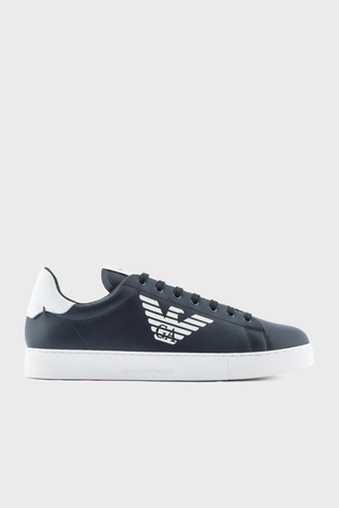 Emporio Armani Logolu Hakiki Deri Sneaker Erkek Ayakkabı X4X554 XF663 00120 LACİVERT - Emporio Armani