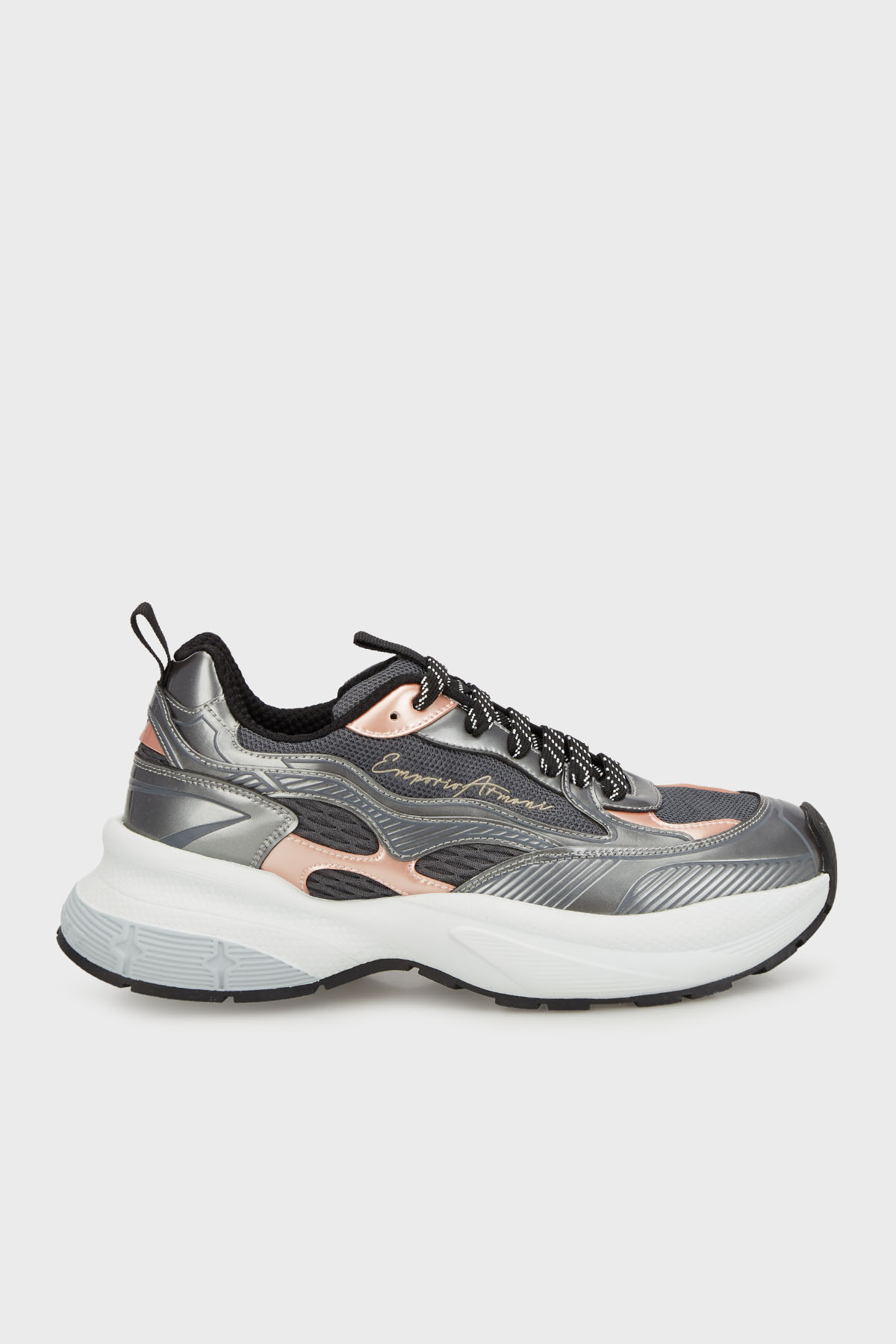 Emporio Armani Logolu Metalik Detaylı Kalın Taban Sneaker Kadın Ayakkabı EW003056 AF19766 M8254 Koyu Gri-Pembe