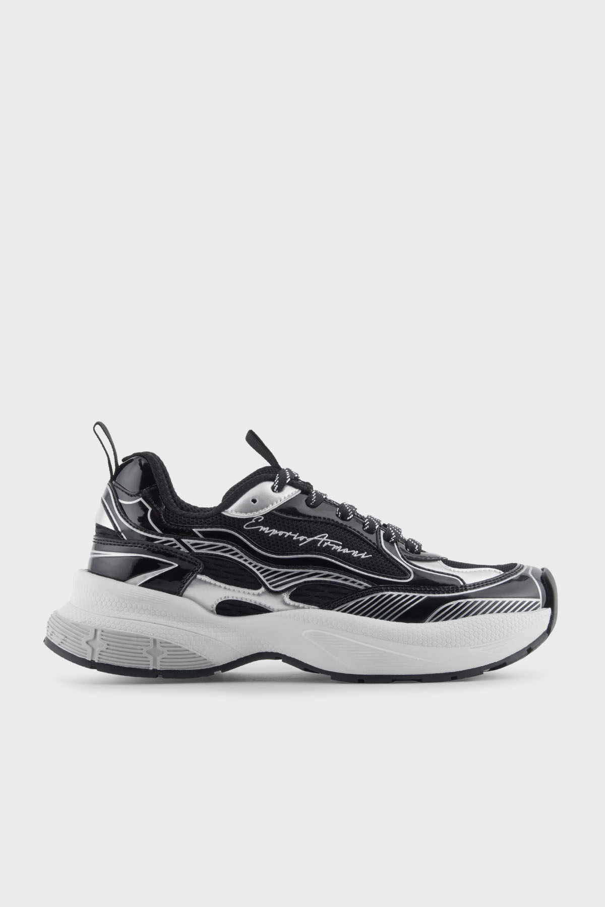 Emporio Armani Logolu Metalik Detaylı Kalın Taban Sneaker Kadın Ayakkabı EW003056 AF19766 MC372 SİYAH-GÜMÜŞ