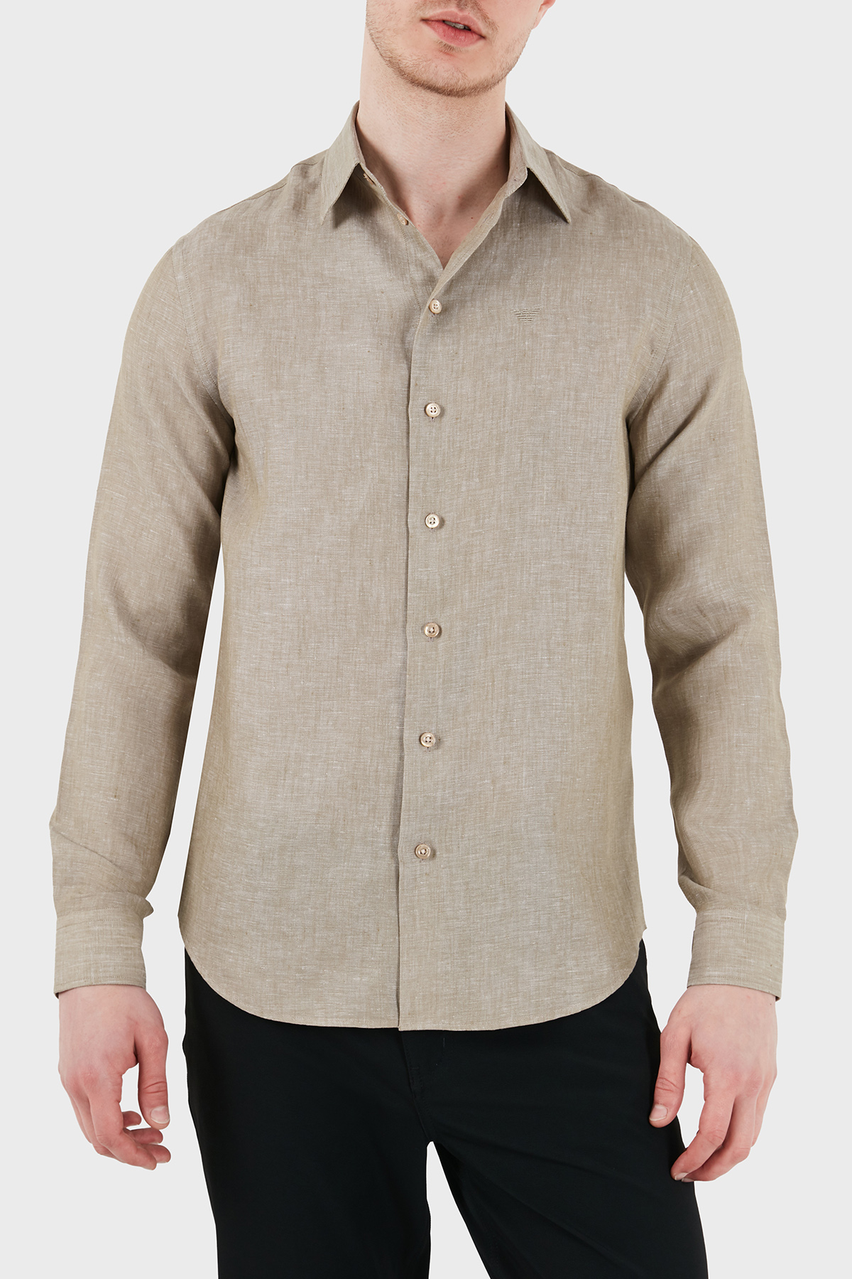 Emporio Armani Logolu Regular Fit Klasik Yaka Uzun Kollu Keten Erkek Gömlek EM000099 TE10157 O1002 HAKİ