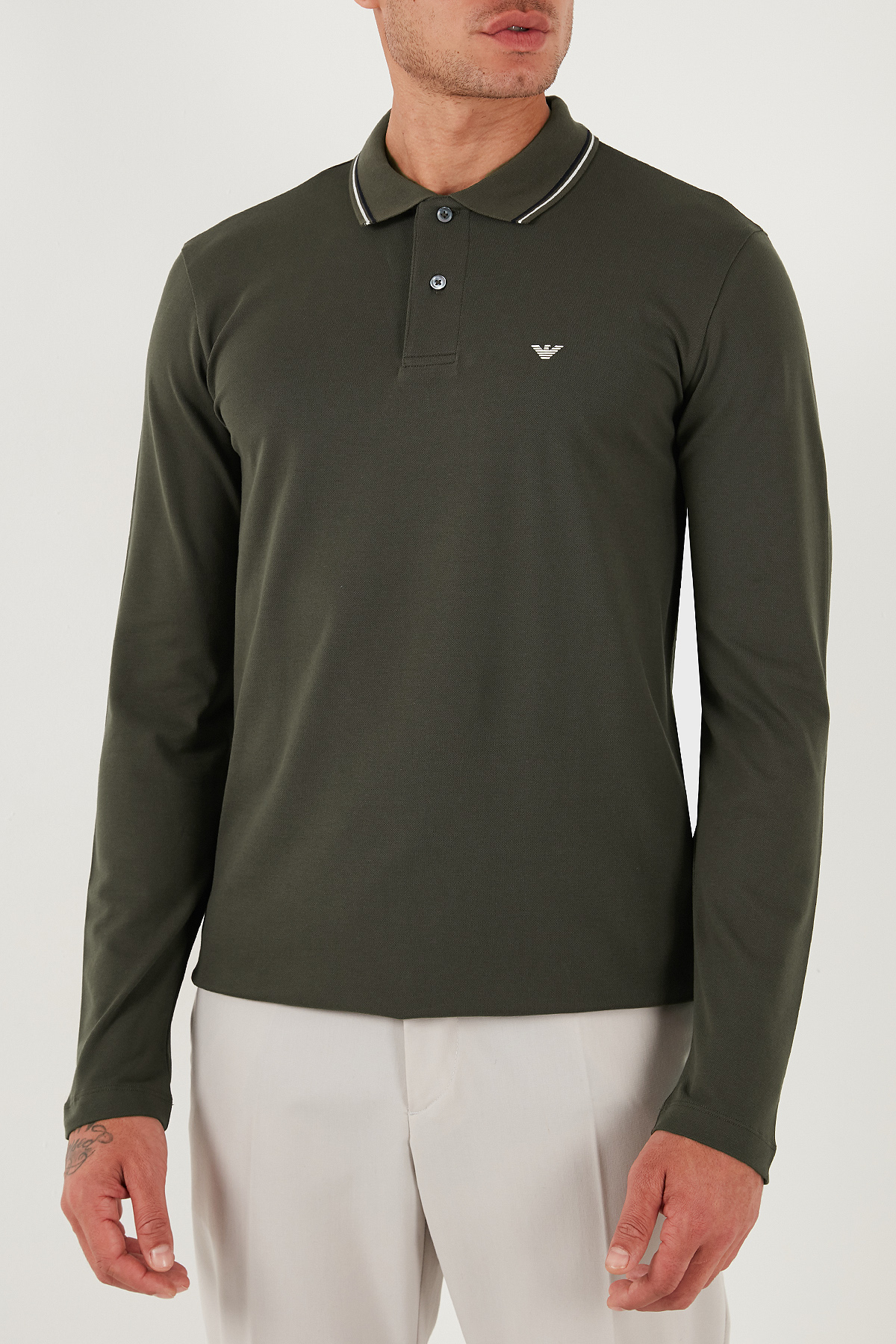 Emporio Armani Logolu Regular Fit Pamuklu Uzun Kollu Erkek Polo Yaka Sweat 8N1FB5 1JPTZ U8120 HAKİ