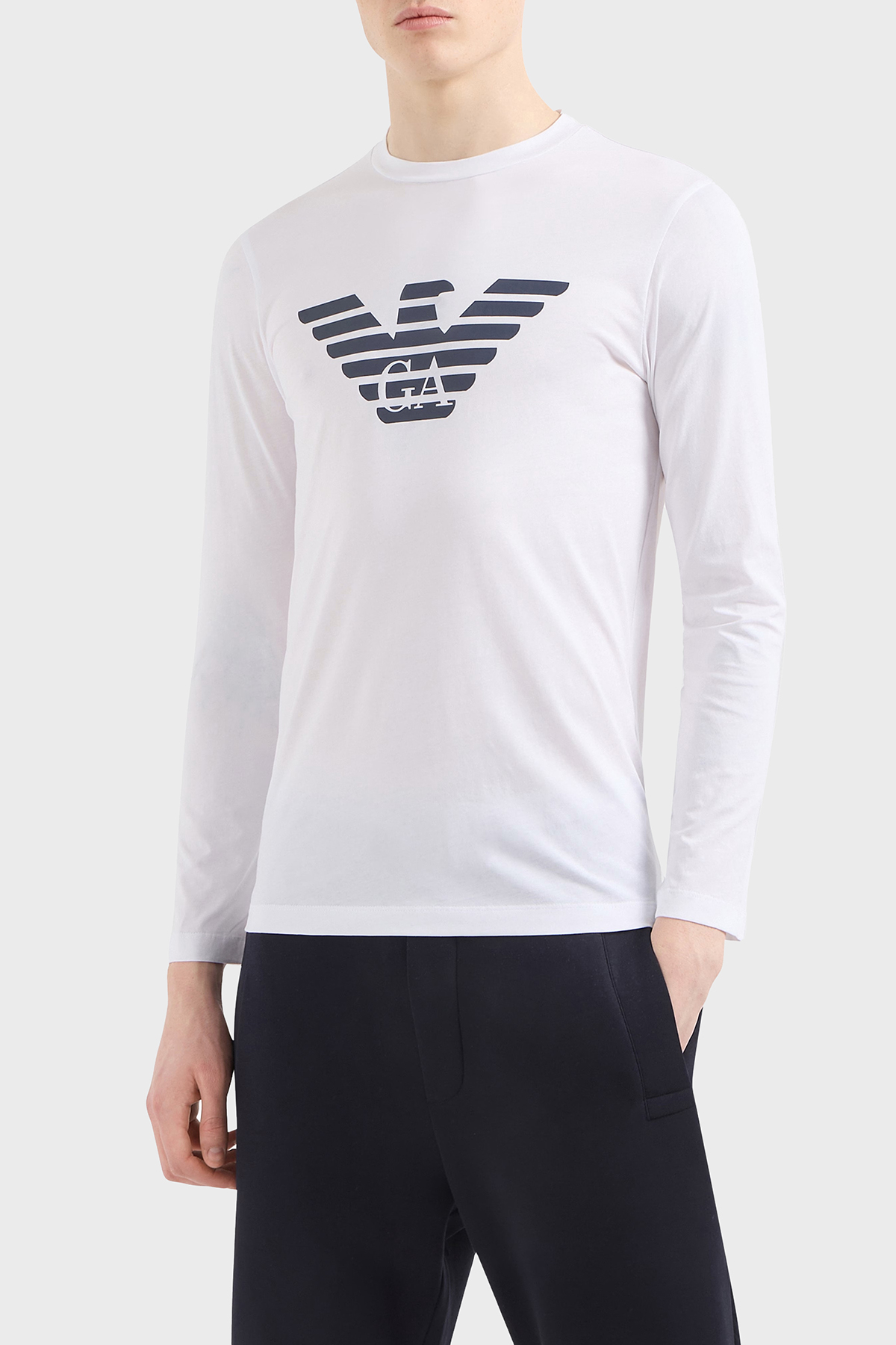 Emporio Armani Logolu Slim Fit Bisiklet Yaka Uzun Kollu Pamuklu Erkek T Shirt 8N1TN8 1JPZZ 0147 BEYAZ-LACİVERT