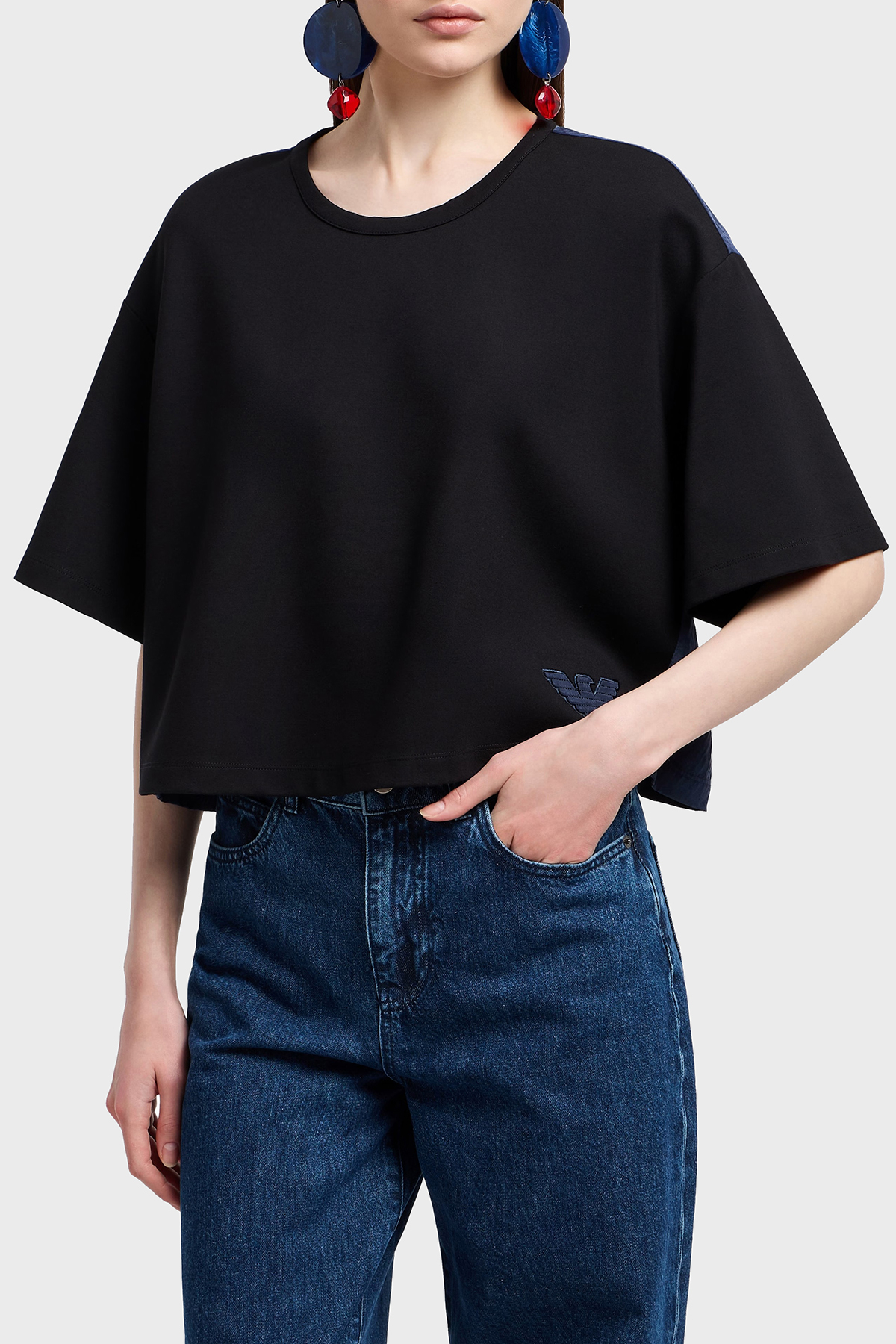 Emporio Armani Loose Fit Bisiklet Yaka Arka Kısmı Cupro Kadın T Shirt EW000488 AF12911 UC001 SİYAH