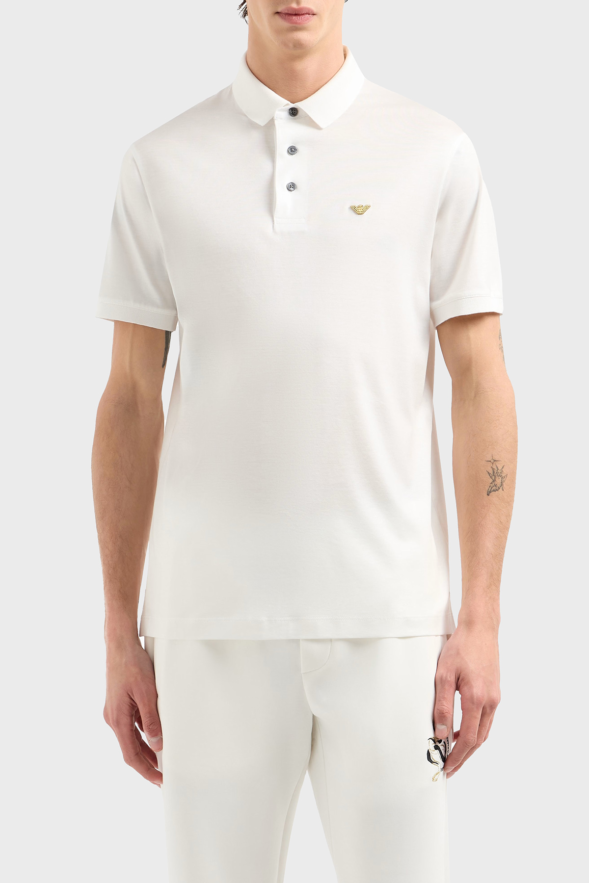 Emporio Armani Pamuk Karışımlı Logolu Düğmeli Erkek Polo Yaka T Shirt EM001704 AF10017 M0131 BEYAZ