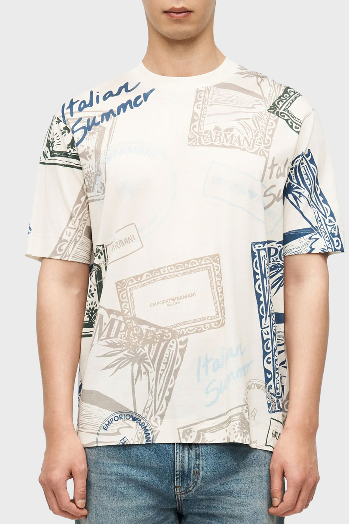 Emporio Armani Pamuk Karışımlı Regular Fit Baskılı Bisiklet Yaka Erkek T Shirt EM005274 AF24857 M0359 KREM