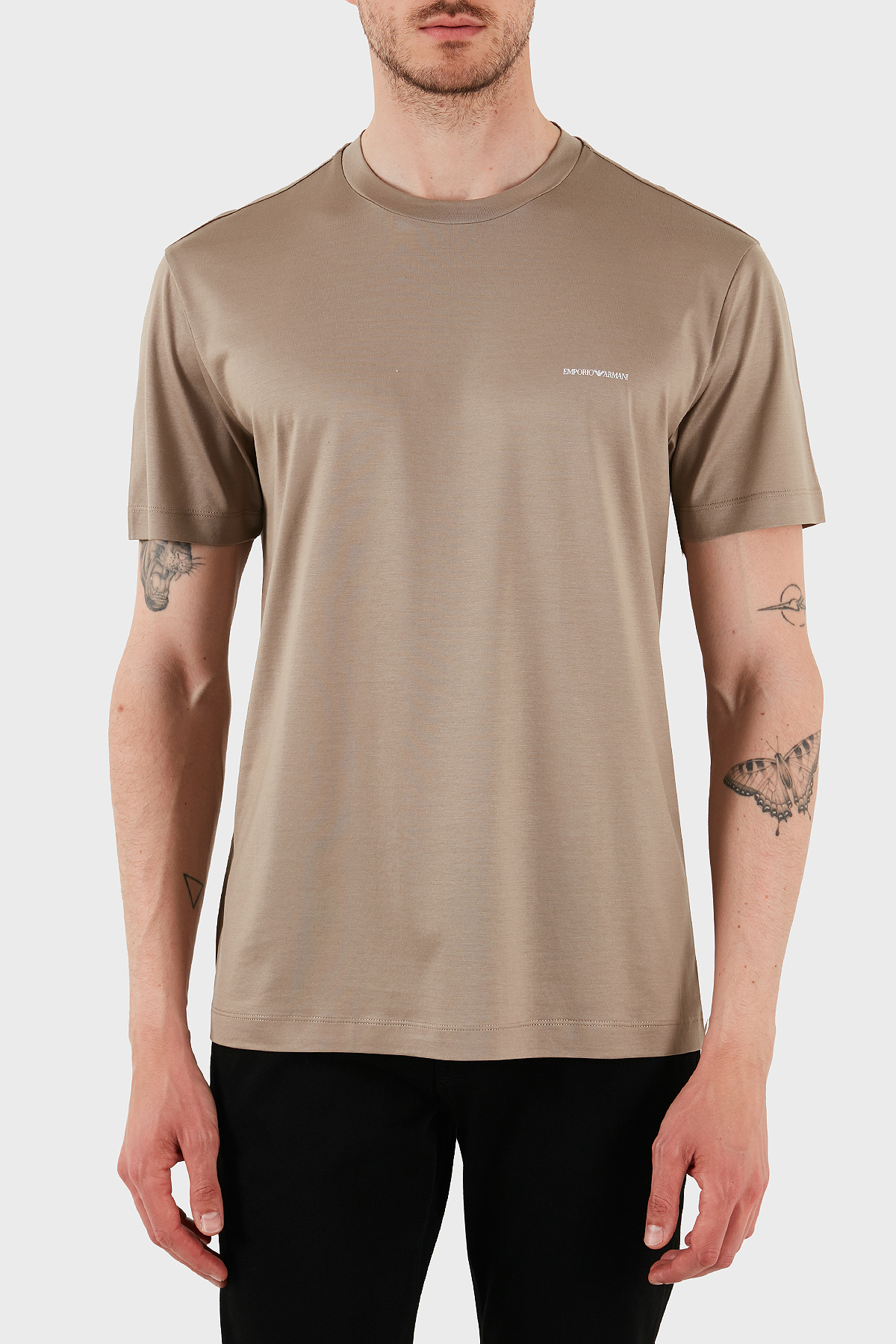 Emporio Armani Pamuk Karışımlı Regular Fit Bisiklet Yaka Logolu Erkek T Shirt 8N1TD8 1JUVZ U6167 BEJ