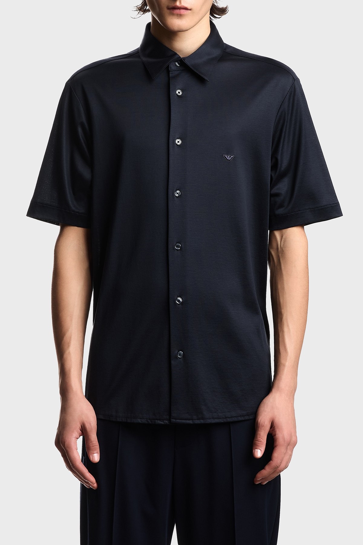 Emporio Armani Pamuk Karışımlı Slim Fit Logolu Kısa Kollu Erkek Gömlek EM004603 AF10017 UB118 LACİVERT